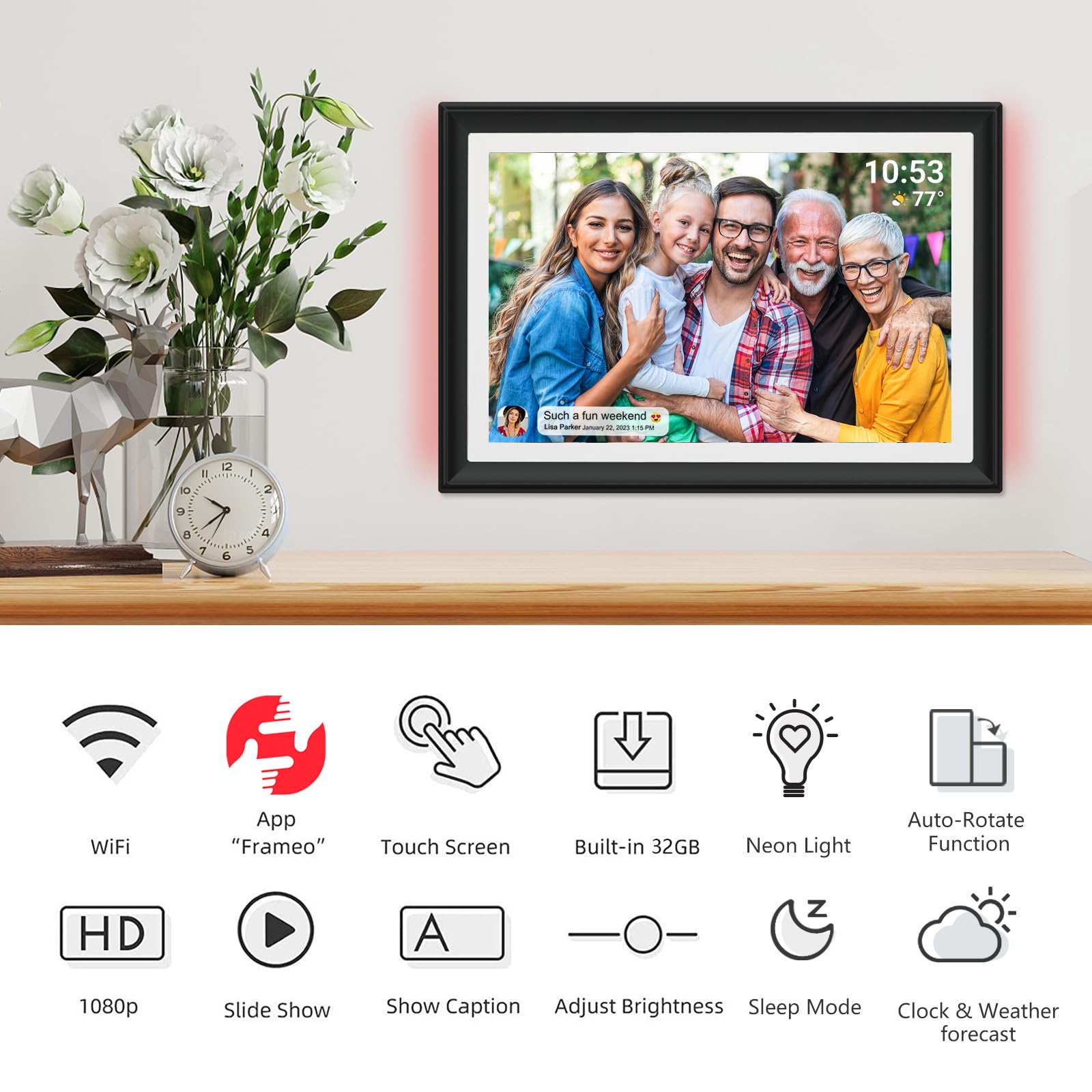 32Gb Frameo 10.1 Inch Wifi Digital Photo Frame With Led Light, 1280X800 Hd Ips Lcd Touch Screen, Auto Rotate Portrait And Landsc