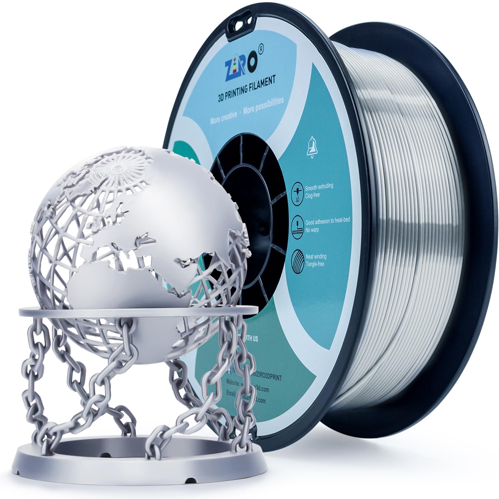 Ziro Pla 3D Printer Filament, Silky Silver Pla Filament 1.75Mm 1Kg/2.2Lbs Spool, Shiny Shine 3D Printing Material, Metal Metalli