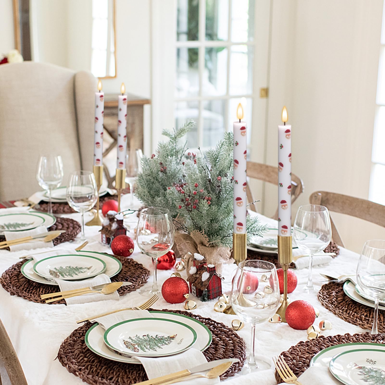 Dromance Santa Flameless Taper Candles Battery Operated With Remote And Timer, Real Wax 3D Wick Flickering Led Taper Candles Din