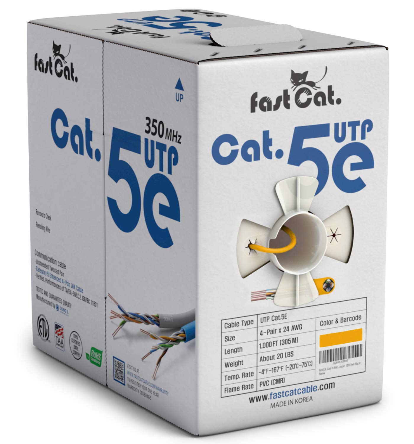 Fast Cat. Cat5E Ethernet Cable 1000Ft   24 Awg, Cmr, Insulated Bare Copper Wire Cat 5 Ethernet Cable With Fastreel   350Mhz / Gigabit Speed Utp Cable Cat5E   Cmr (Yellow)