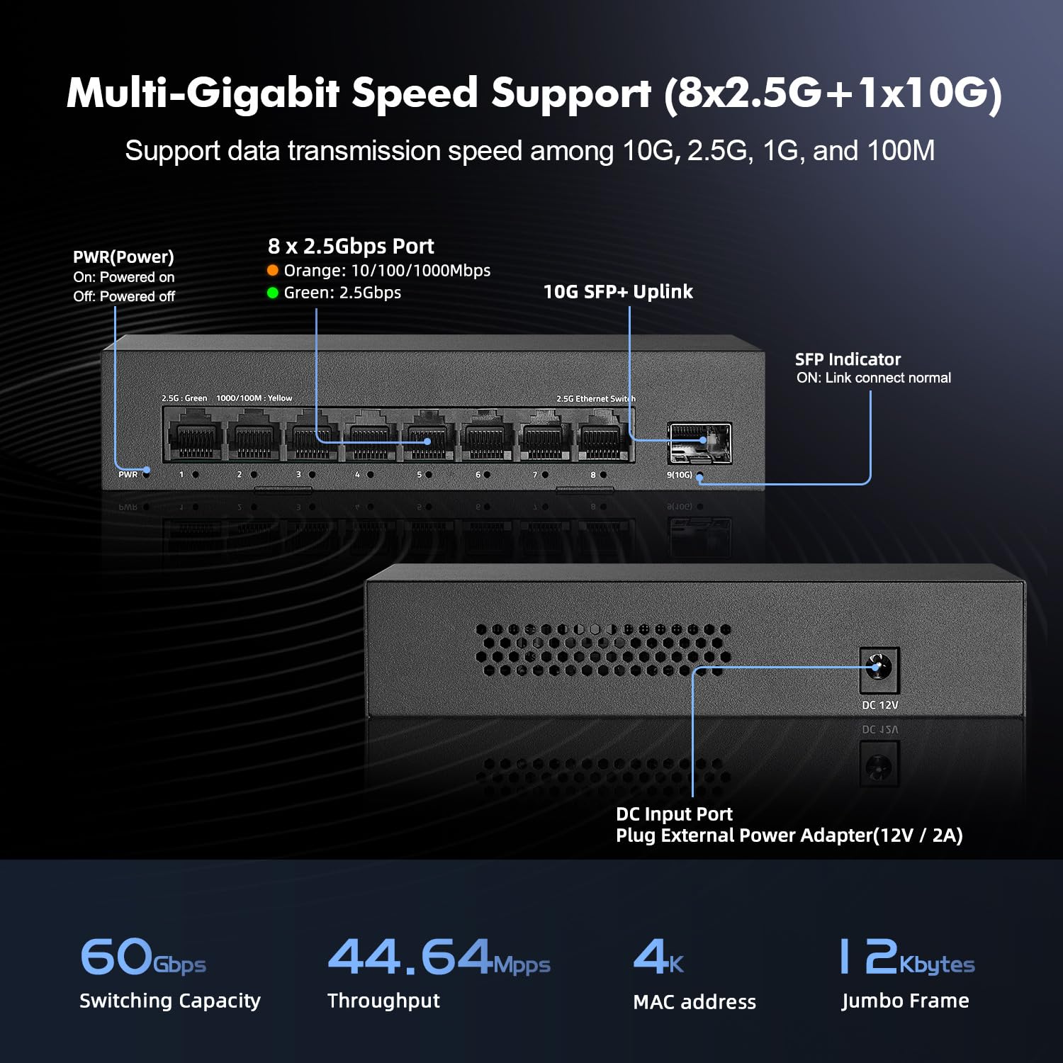 Yulinca 8 Port 2.5G Unmanaged Switch, 8 X 2.5Gbase T Ports With 10G Sfp+, 60Gbps Switching Capacity, Fanless Plug & Play 2.5Gb N