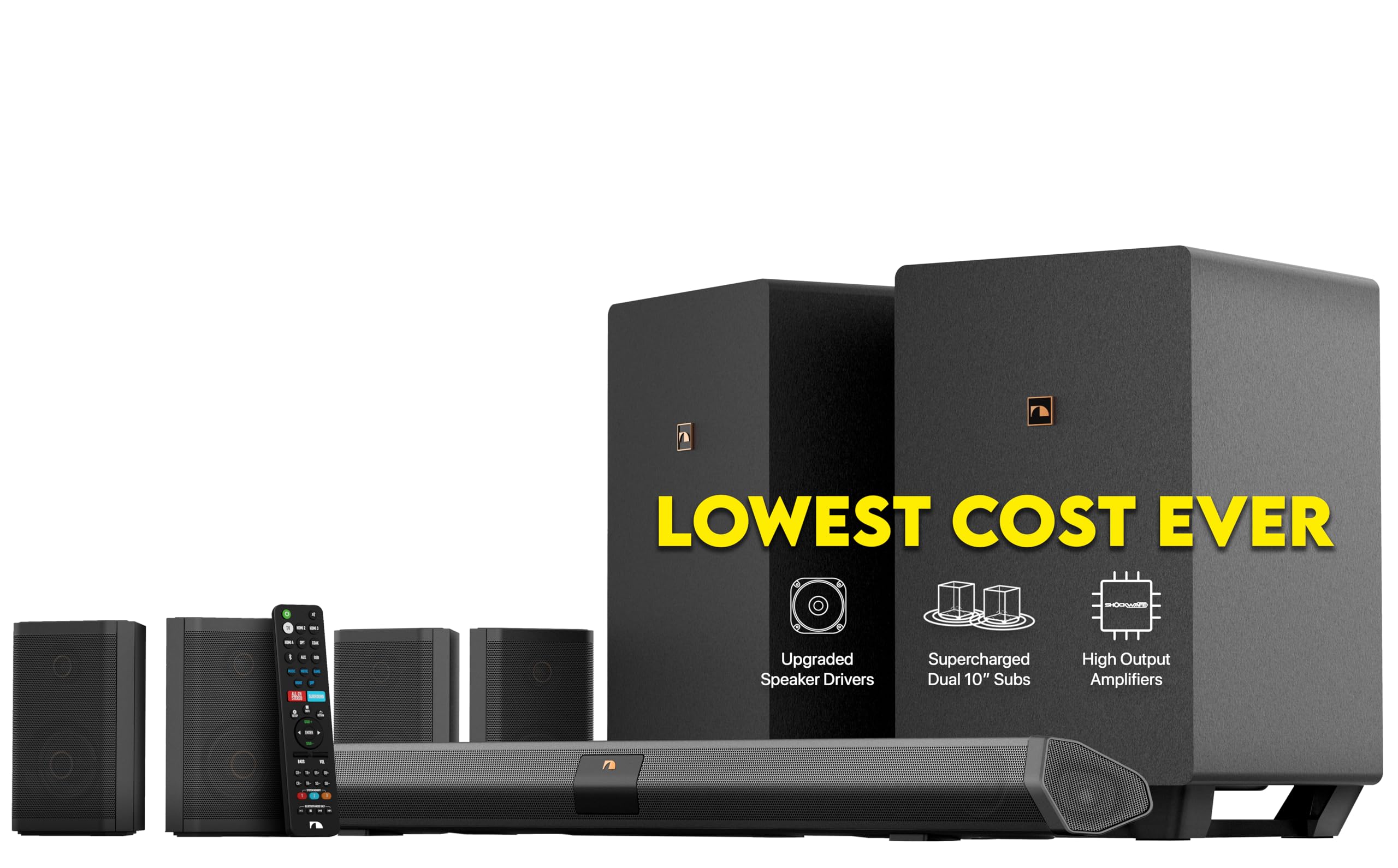 Nakamichi Shockwafe Ultra 9.2.4 Channel Dolby Atmos/DTS:X Soundbar with Dual 10 Subwoofers (Wireless), 4 Rear Surround Effects S