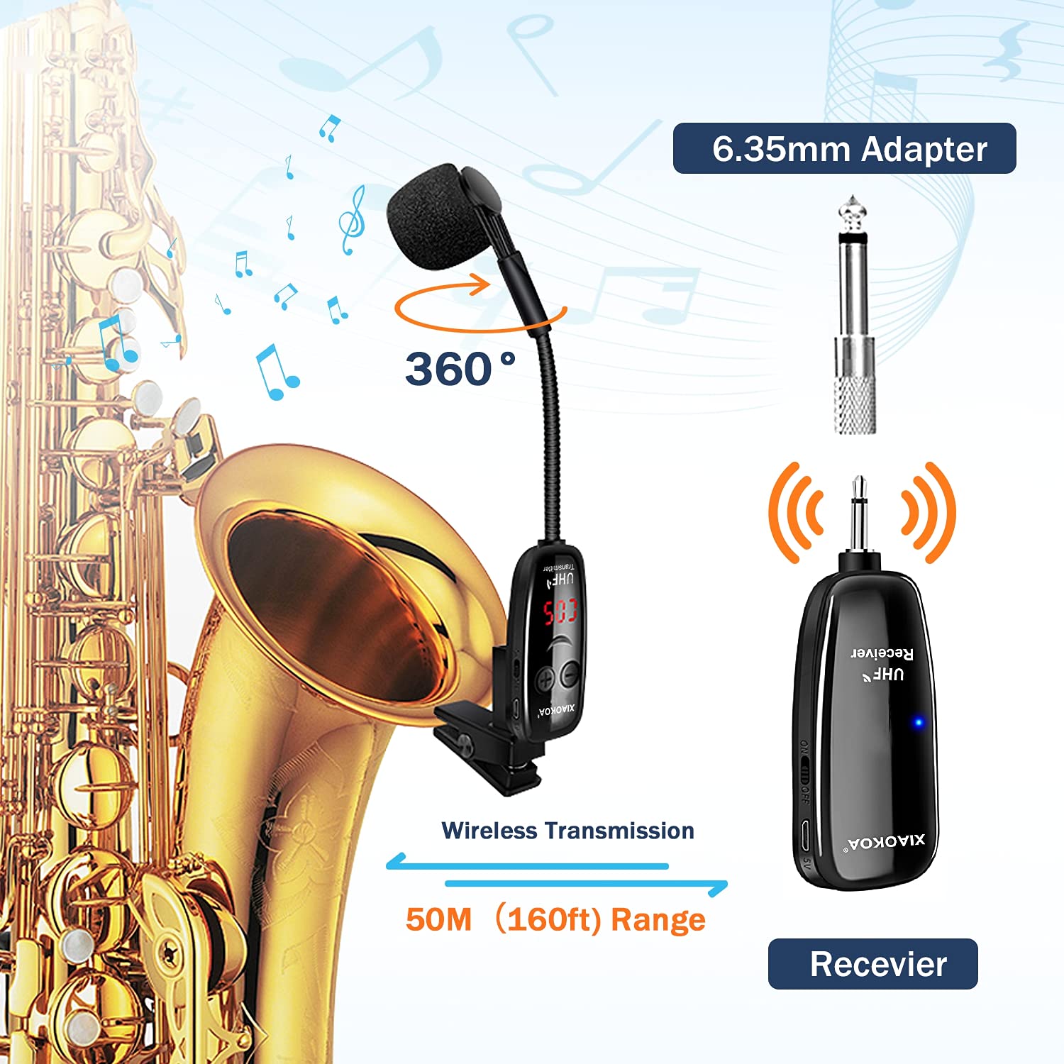 Xiaokoa Uhf Wireless Instruments Microphone,Saxophone Microphone,Wireless Receiver And Transmitter,160Ft Range,Plug And Play,Gre