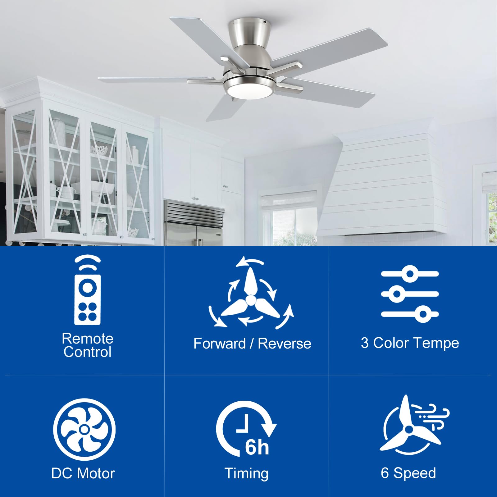 42 Inch Ceiling Fans With Lights,Brushed Nickel Low Profile Ceiling Fan With Light And Remote Control,Flush Mount,6 Speed Revers