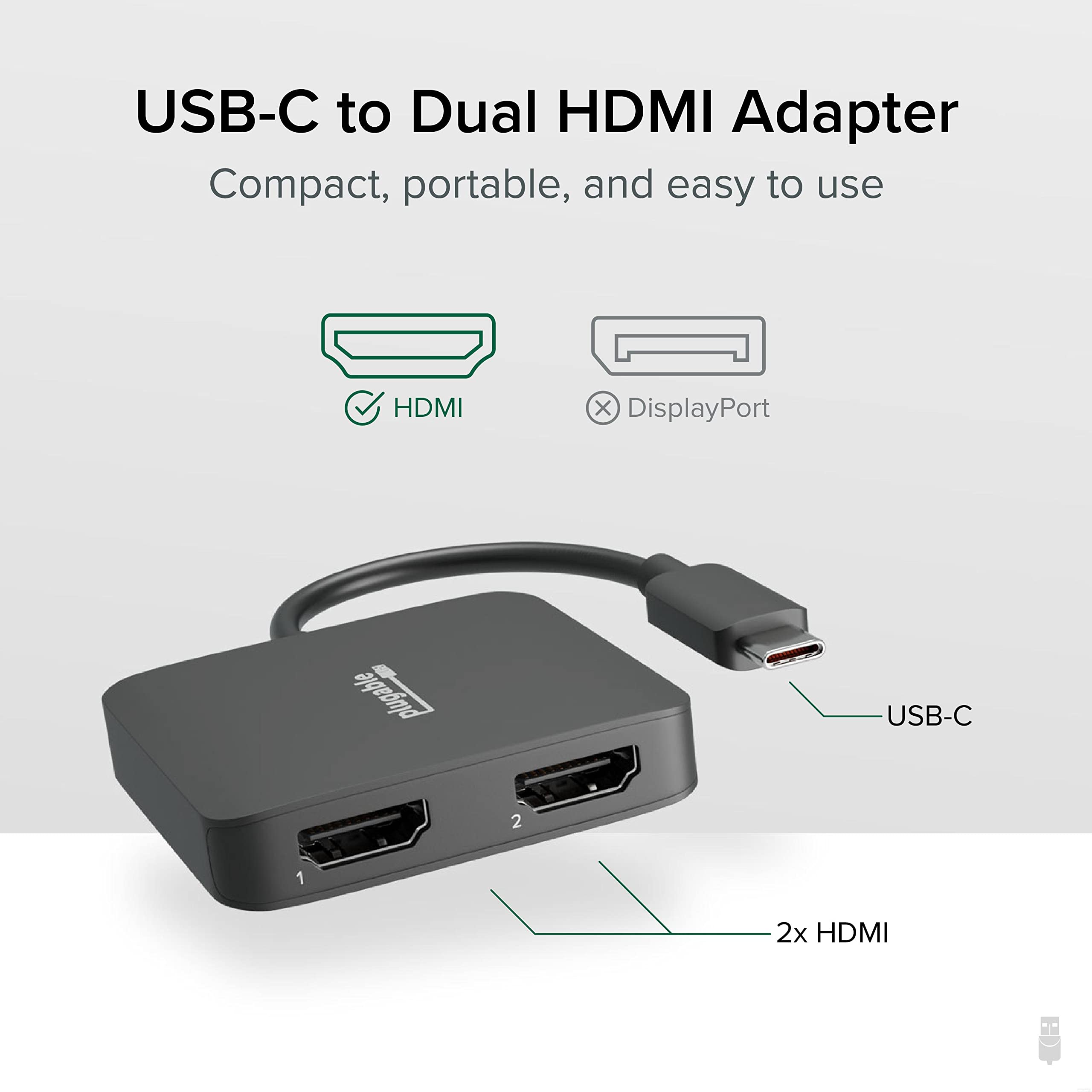 Plugable Usb C To Hdmi Adapter For Dual Monitors 4K 60Hz, Compatible With Windows, Chromebook, Usbc Thunderbolt Usb4 Laptops, Ms