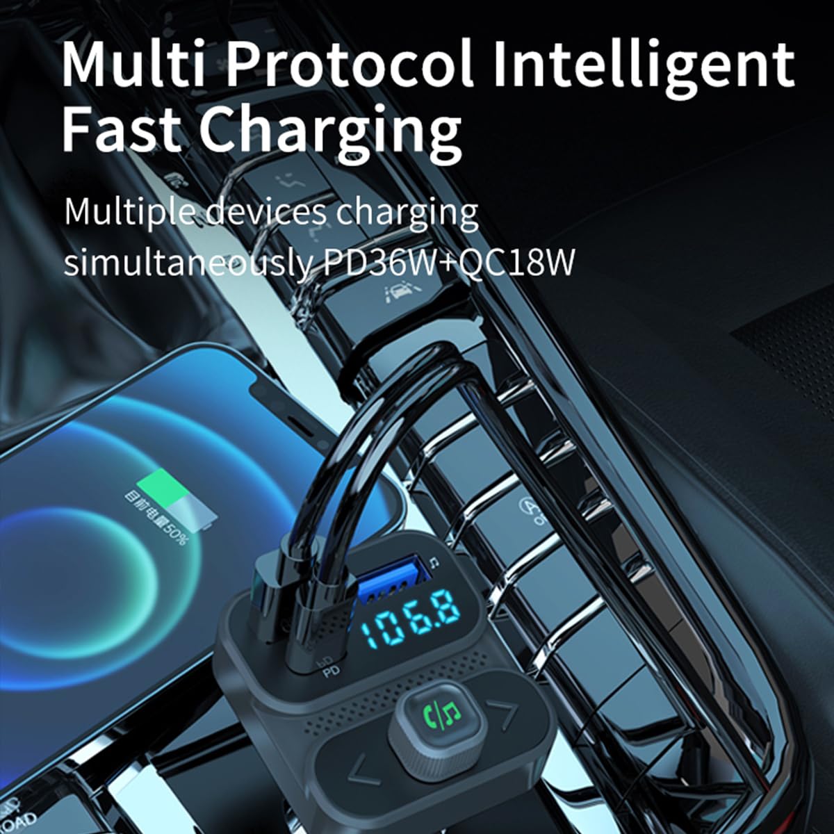 Bluetooth Fm Transmitter For Car, Wireless Bluetooth Car Adapter With 36W Qc 3.0 + Pd 3.0 Usb C Fast Charger, Bluetooth 5.0 Car