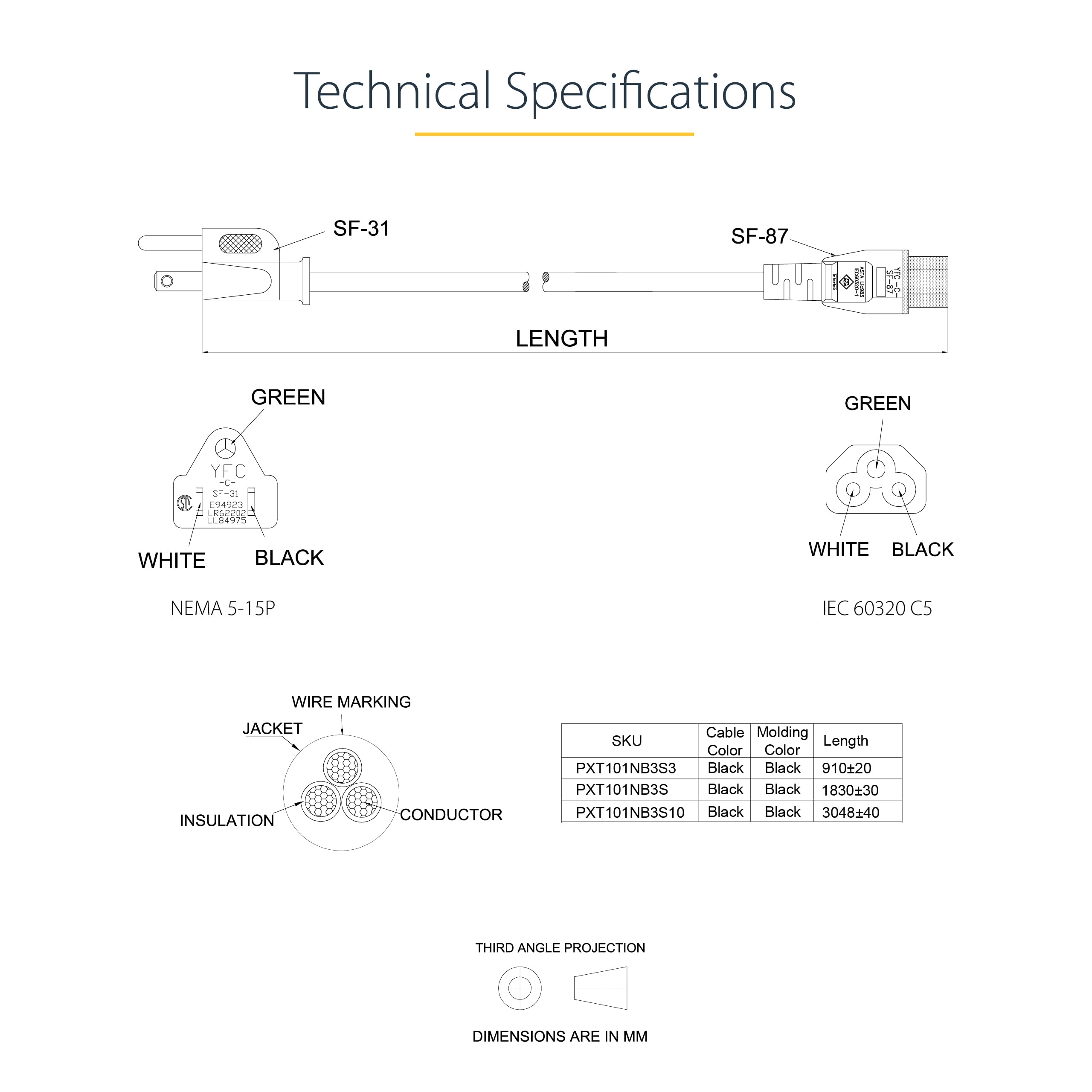 Startech.Com 10 Ft Standard Laptop Power Cord   Nema 5 15P To C5   Power Cable   Nema 5 15 (M) To Iec 60320 C5 10 Ft   Black   P