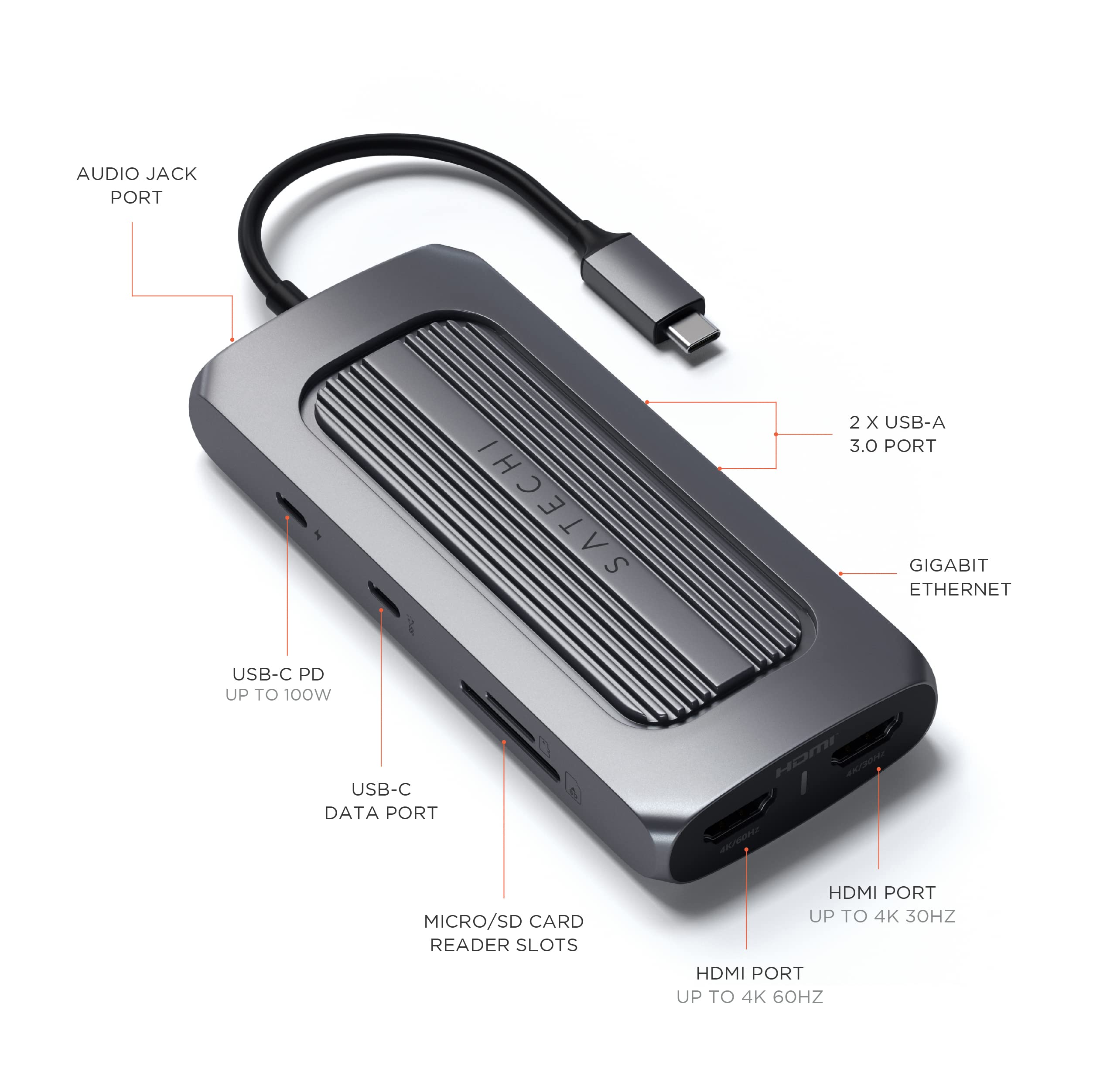Satechi Usb C Hub Multiport Adapter Mx With Dual 4K Hdmi, 100W Usb C Pd Charging, Usb C Data, 2 Usb A, Ethernet, Micro/Sd Card Readers, For Macbook Pro/Air M1 M2 M3, Windows