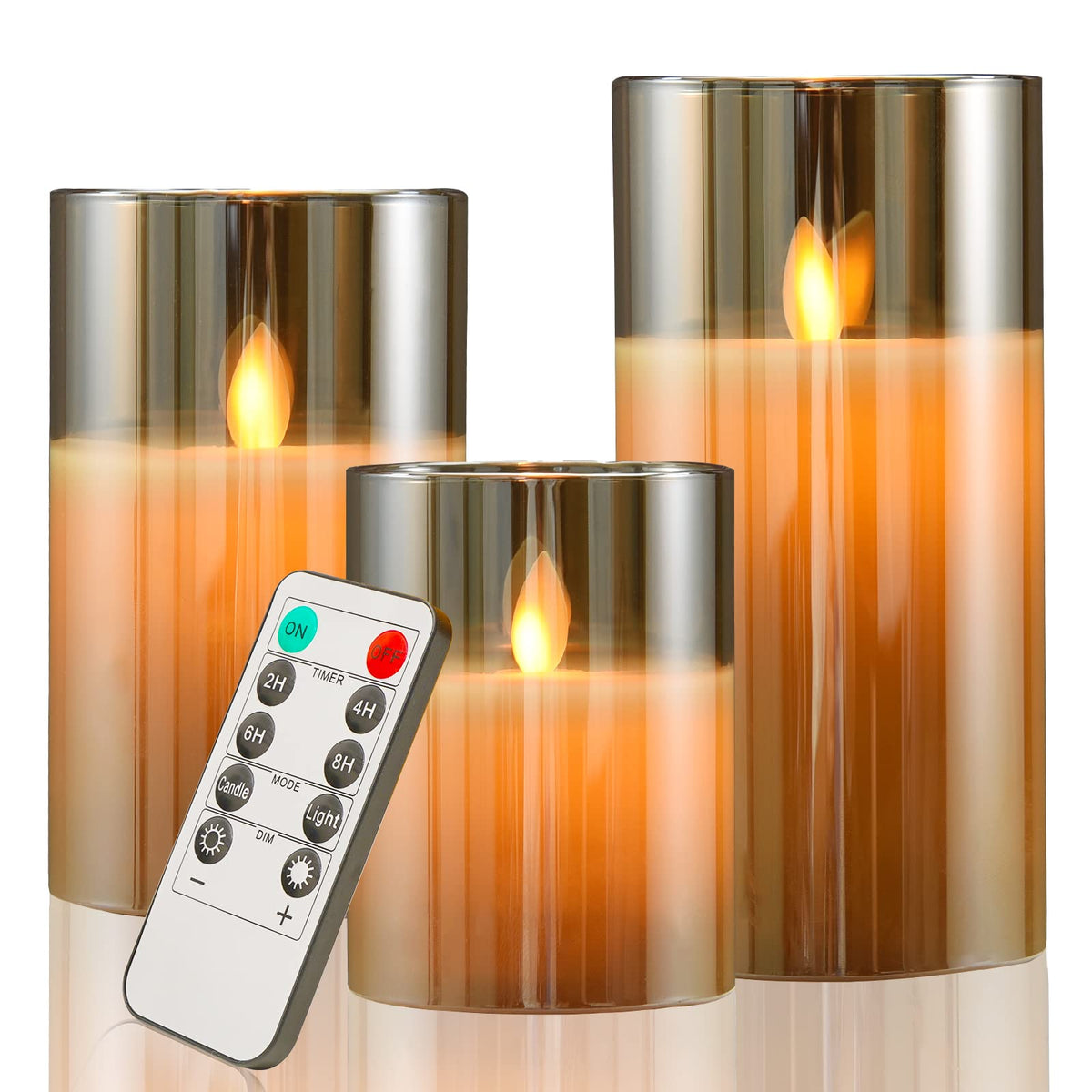 Josu Flameless Candles 4'' 5'' 6'' Set Of 3 Outdoor Indoor Fake Pillars Gold Glass Led Battery Operated Candles Include 10 Key R