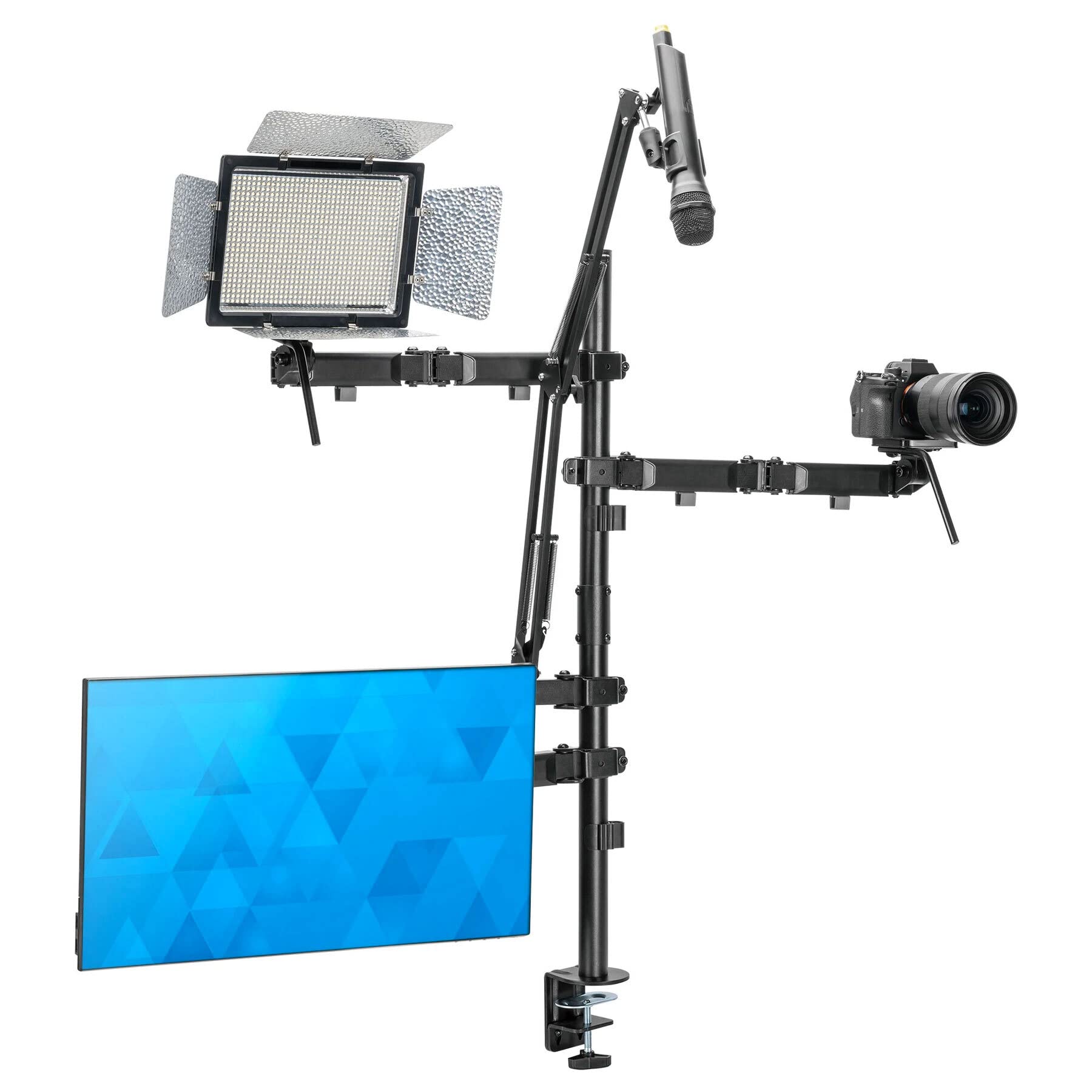 Mount It! All In One Live Streaming Equipment | 4 Arm Desk Mount That Holds Monitor, Cameras And Ring Light With Mic Desktop Sta