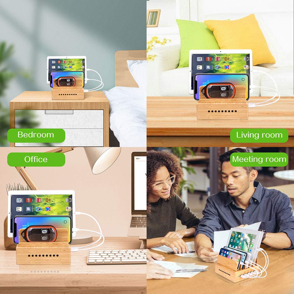Othoking Bamboo Charging Station, Wood Charging Station For Multiple Devices With 5 Ports Usb Charger Docking Station For Iphone