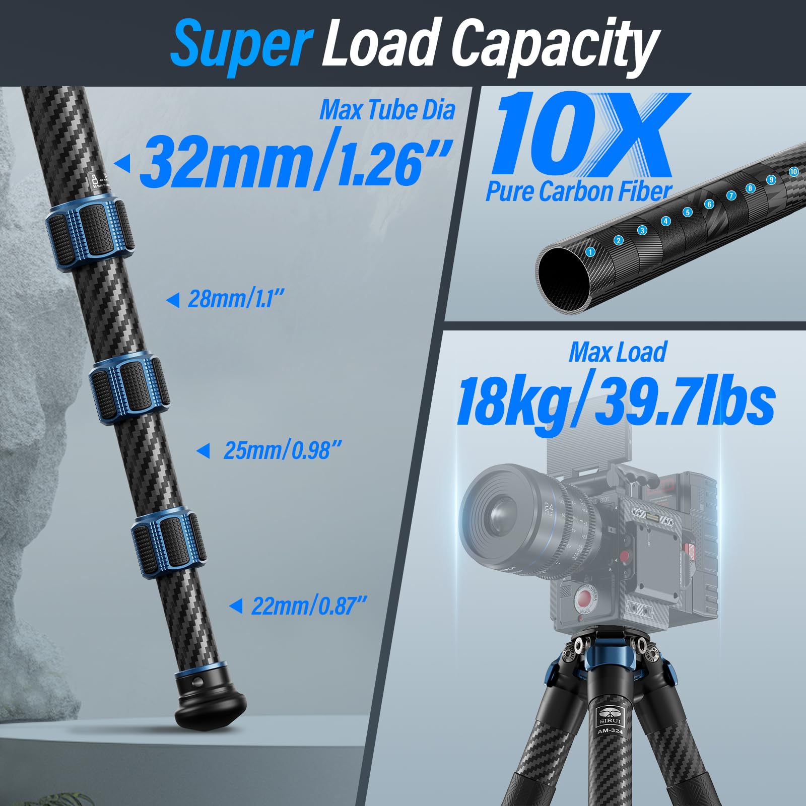 Sirui Am 324 Professional Camera Tripod, 57� Compact Carbon Fiber Tripod For Mirrorless Camera, Dslr, 4 Section With Max Tube Dia 32Mm, Load Up To 39.8Lbs/18Kg