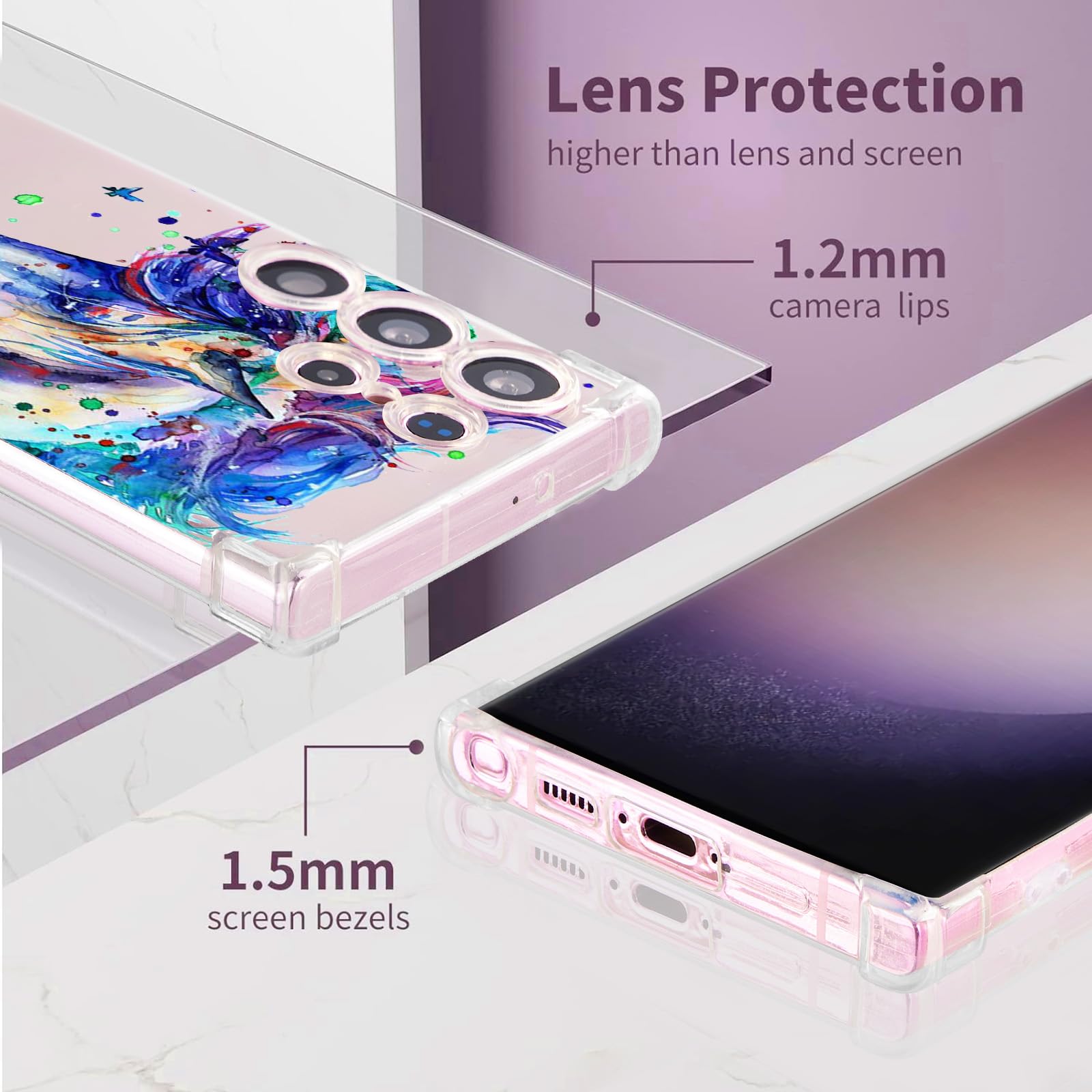 Roemary Horse Case For Galaxy S23 Plus,For Samsung Galaxy S23 Plus With Horse Design,Purple Pattern With Screen Protector Soft T