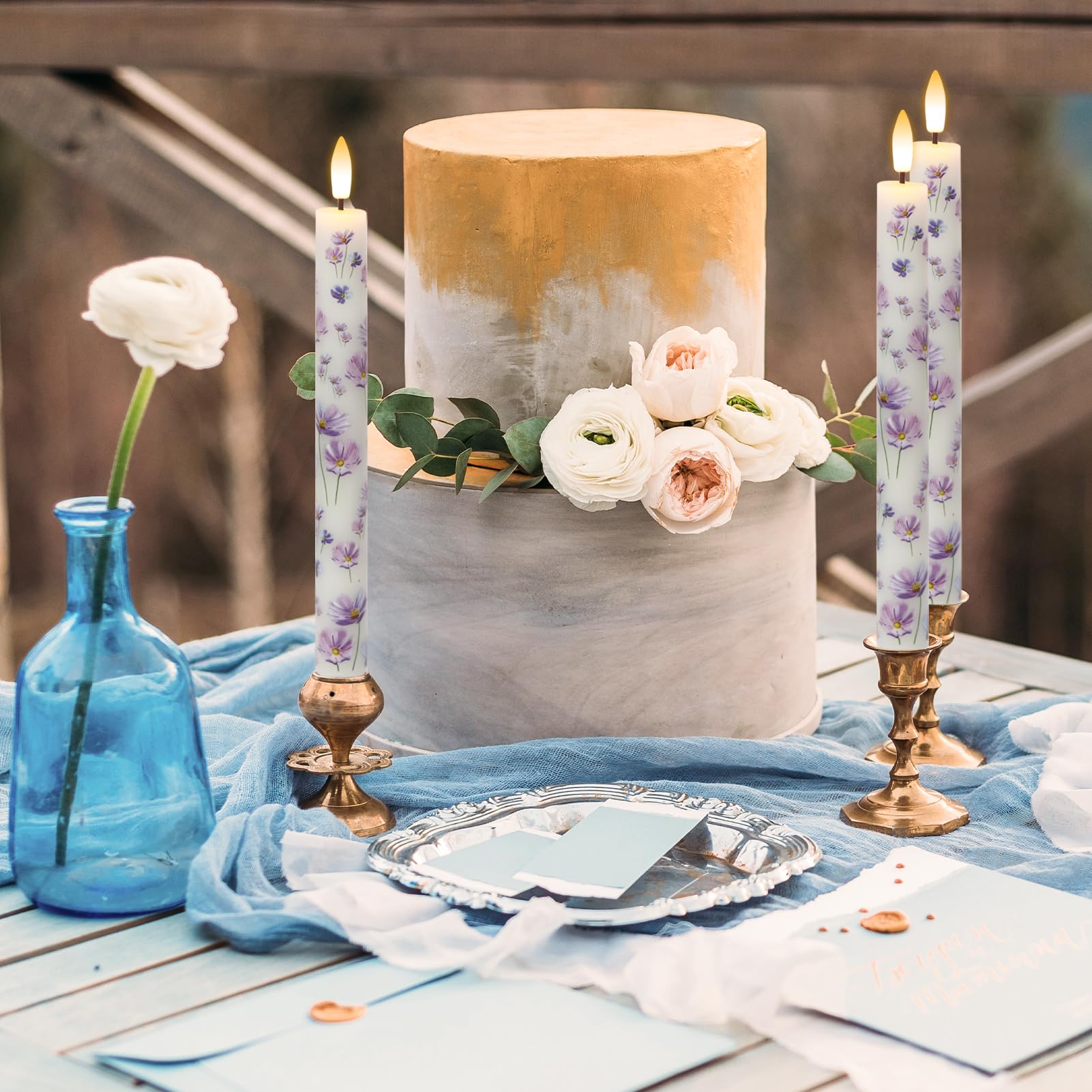 Kunswenn Flameless Taper Candles With Remote, 4 Pcs Led Taper Candles Battery Operated With Purple Flower Decals, Flameless Cand