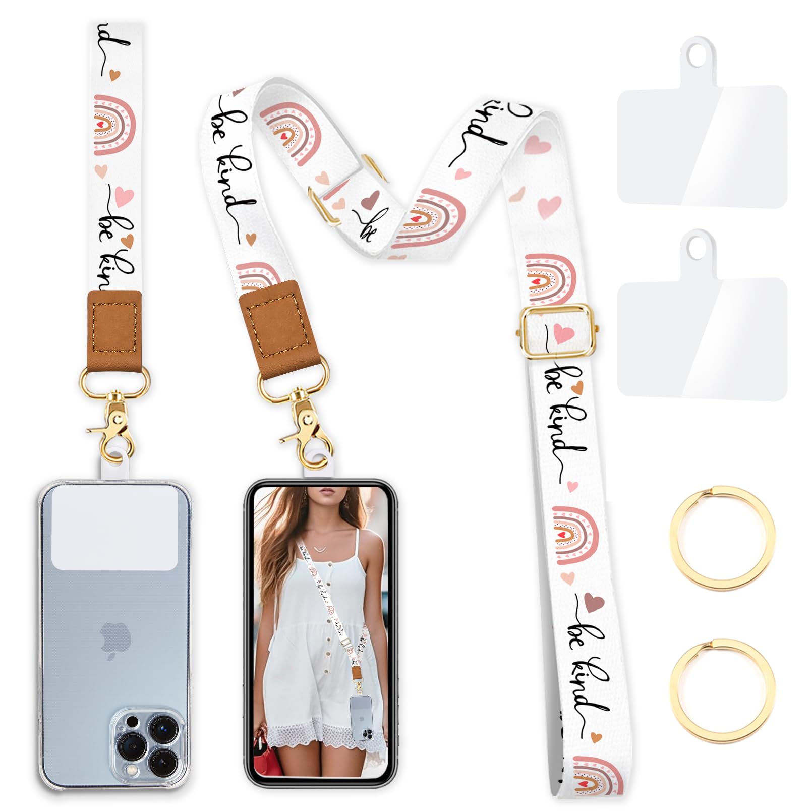 Phone Lanyard Wrist Strap Crossbody, Be Kind Cell Phone Lanyard For Around The Neck Wristlet Adjustable Phone Strap, Rainbow Cut