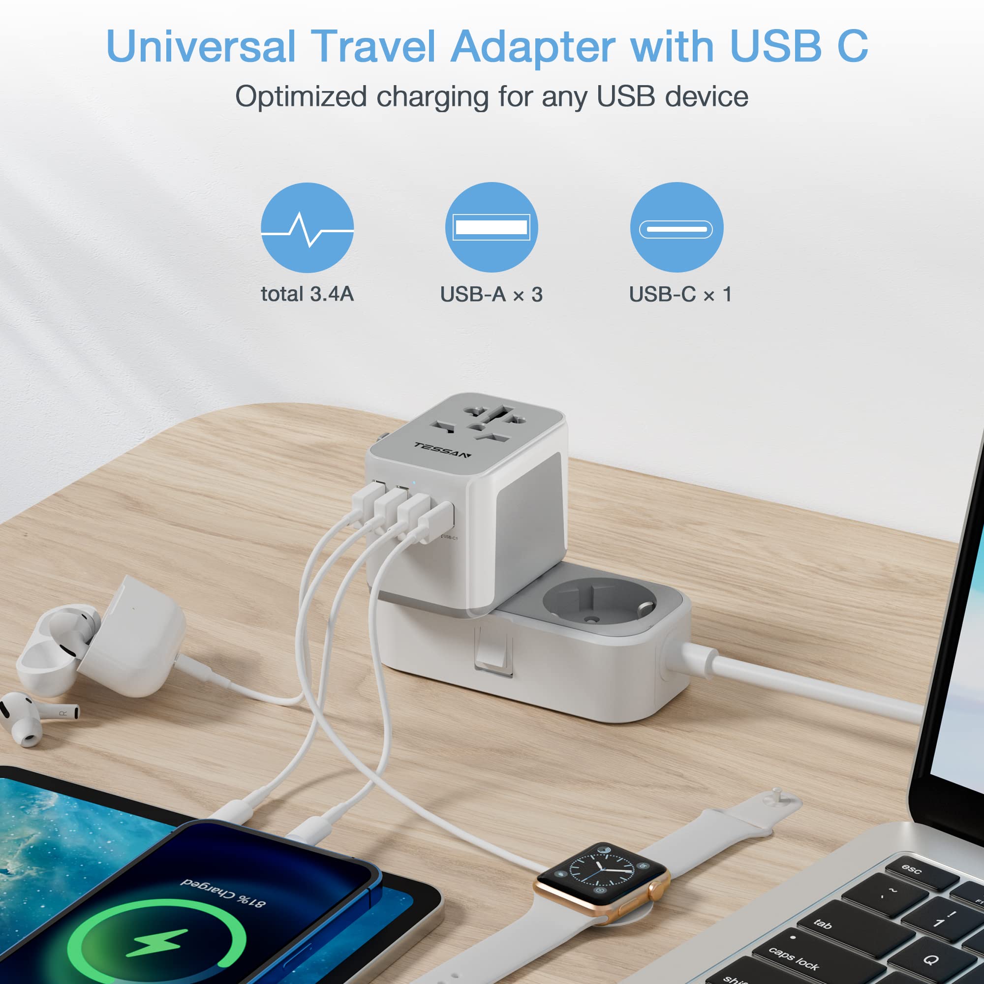 Tessan Universal Travel Adapter, International Power Adapter With 4 Usb Ports (1 Usb C), Worldwide Plug Adaptor Wall Charger For
