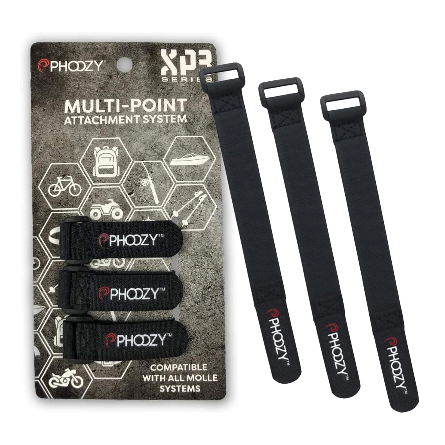 PHOOZY XP3 Series Accessory Straps Quick Attachment MOLLE Compatible UltraShield Nylon Ripstop Black 3-Pack