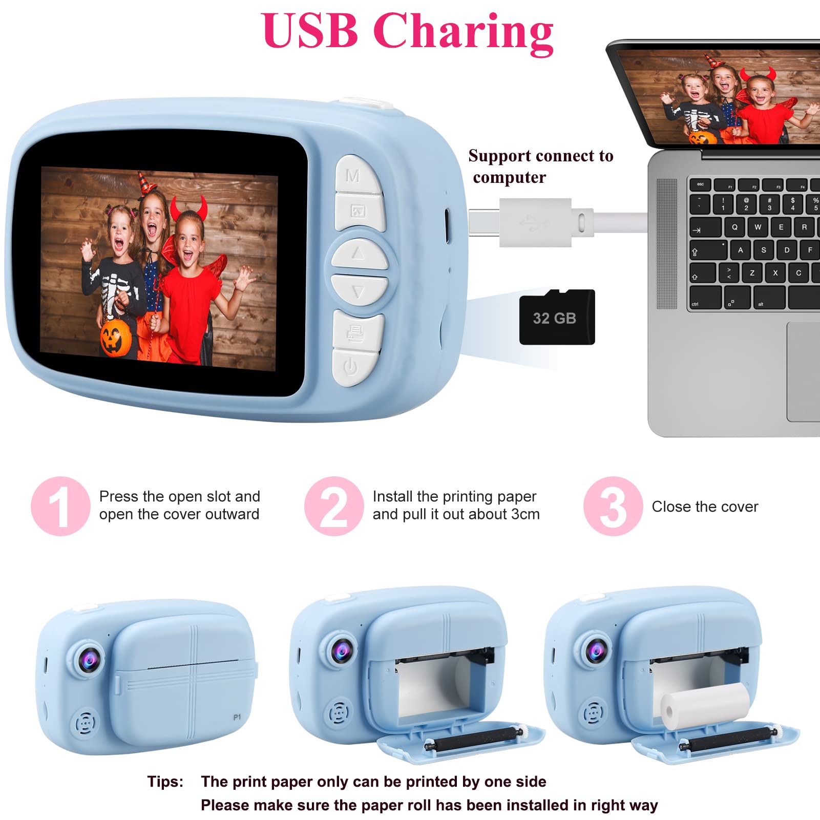 Instant Print Camera For Kids,Vjjb Kids Camera 3.5 Inch Screen Instant Digital Camera With 1080P Video Toy Birthday Gifts For Bo