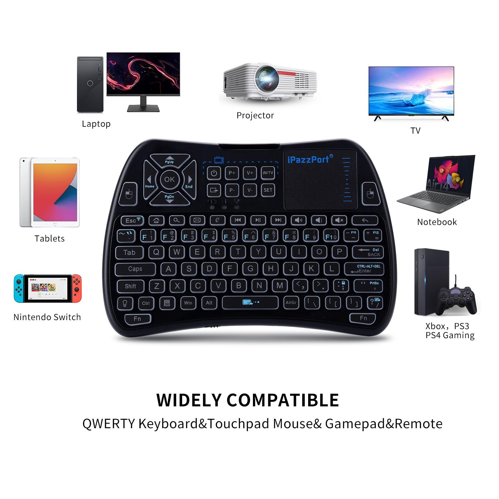 Ipazzport Bluetooth Mini Keyboard (Ir Learning) Touchpad Mouse, Backlit 2.4Ghz Wireless Keypad Remote Controller For Tablets, Sm