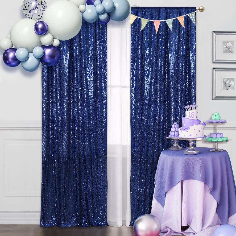 Squarepie Sequin Backdrop Non Transparent Background Sparkly Curtain For Wedding Party 2Ft X 8Ft Navy Blue 2Pcs
