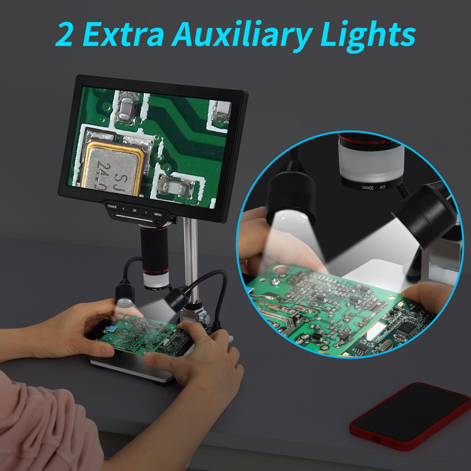 Koolertron 12Inch Extended Aluminum Microscope Stand With 2 Fill Lights, Portable Adjustable Manual Focus Lcd Digital Microscope