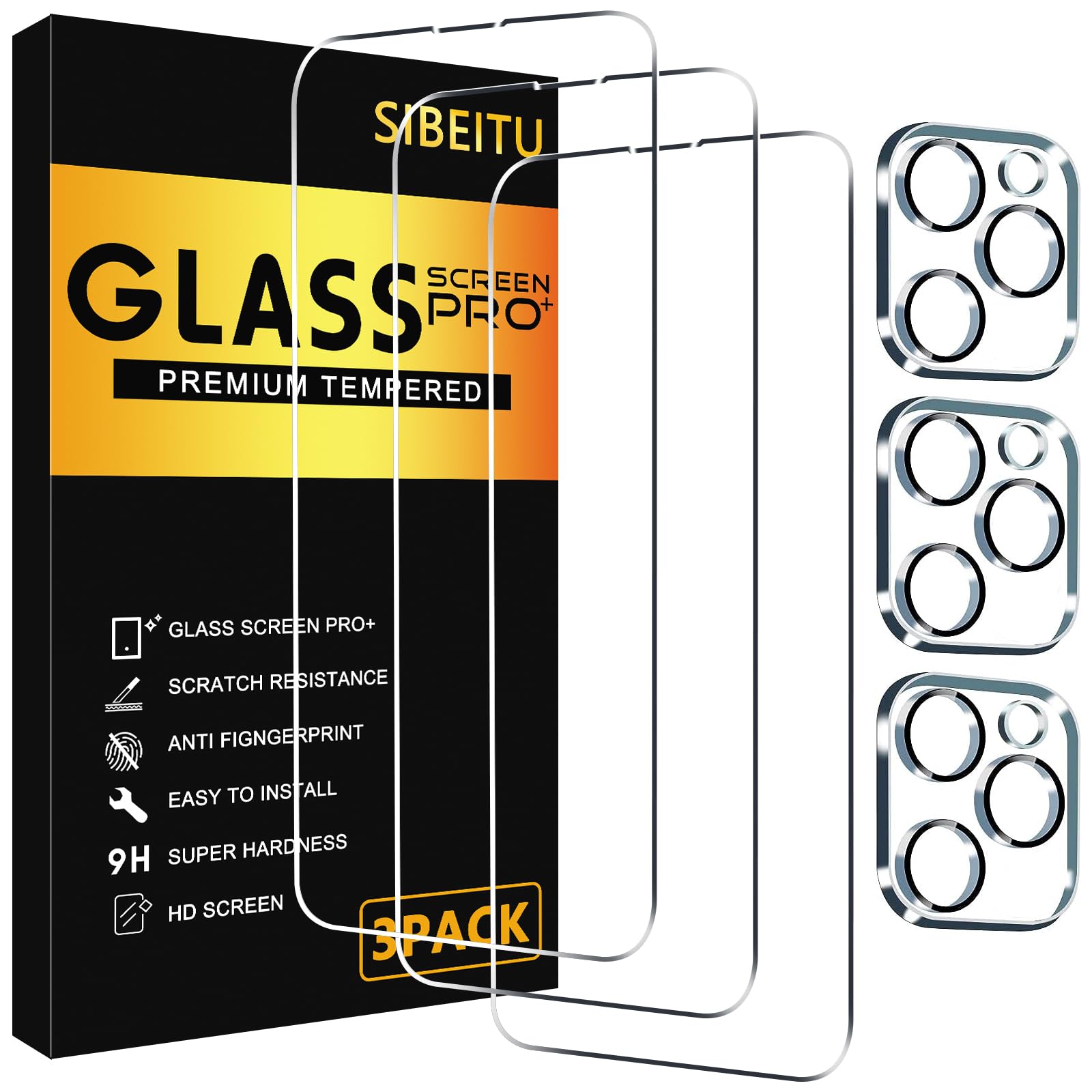 Sibeitu 3 Pack Screen Protector For Iphone 14 Pro Max With 3 Pack Camera Lens Tempered Glass Protector, 6.7 Inch Hd Clear Glass