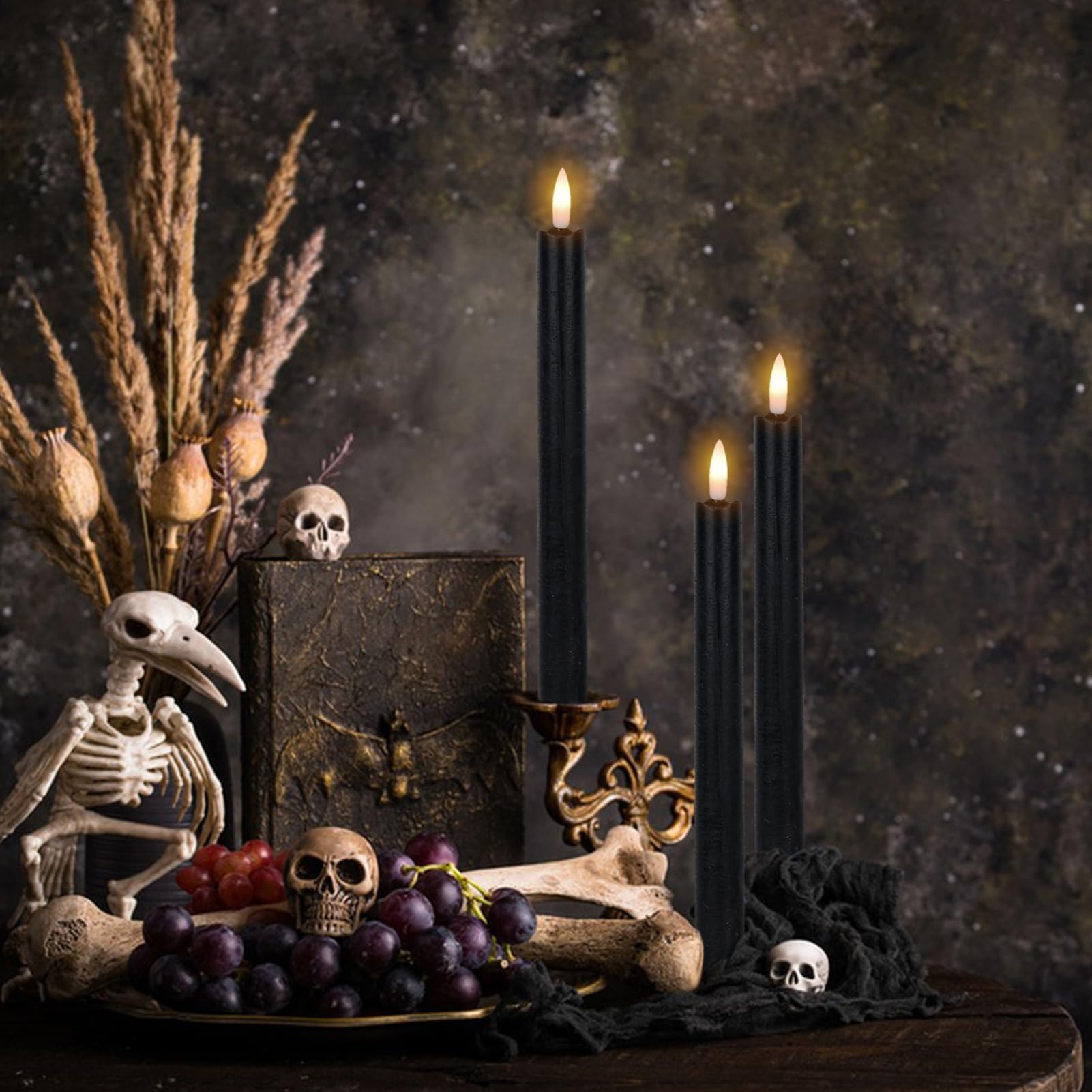 Wondise Halloween Flameless Taper Candles With Timer, Battery Operated Real Wax Black Led Candles 3D Wick Flickering Flame For H