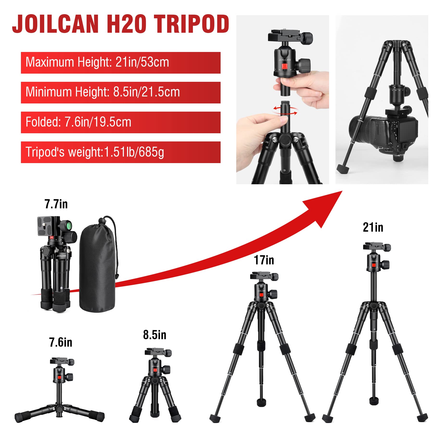 Joilcan Mini Tripod For Camera, 21'' Aluminum Small Desktop Tripod, Heavy Duty Tripod With 360 Ball Head, Travel Tripods For Dsl