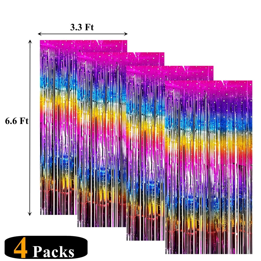 Pack Of 4 Sparkling Neon Rainbow Foil Fringe Curtain Backdrop Metallic Streamers Photo Booth Props For Birthday Bachelorette Gay