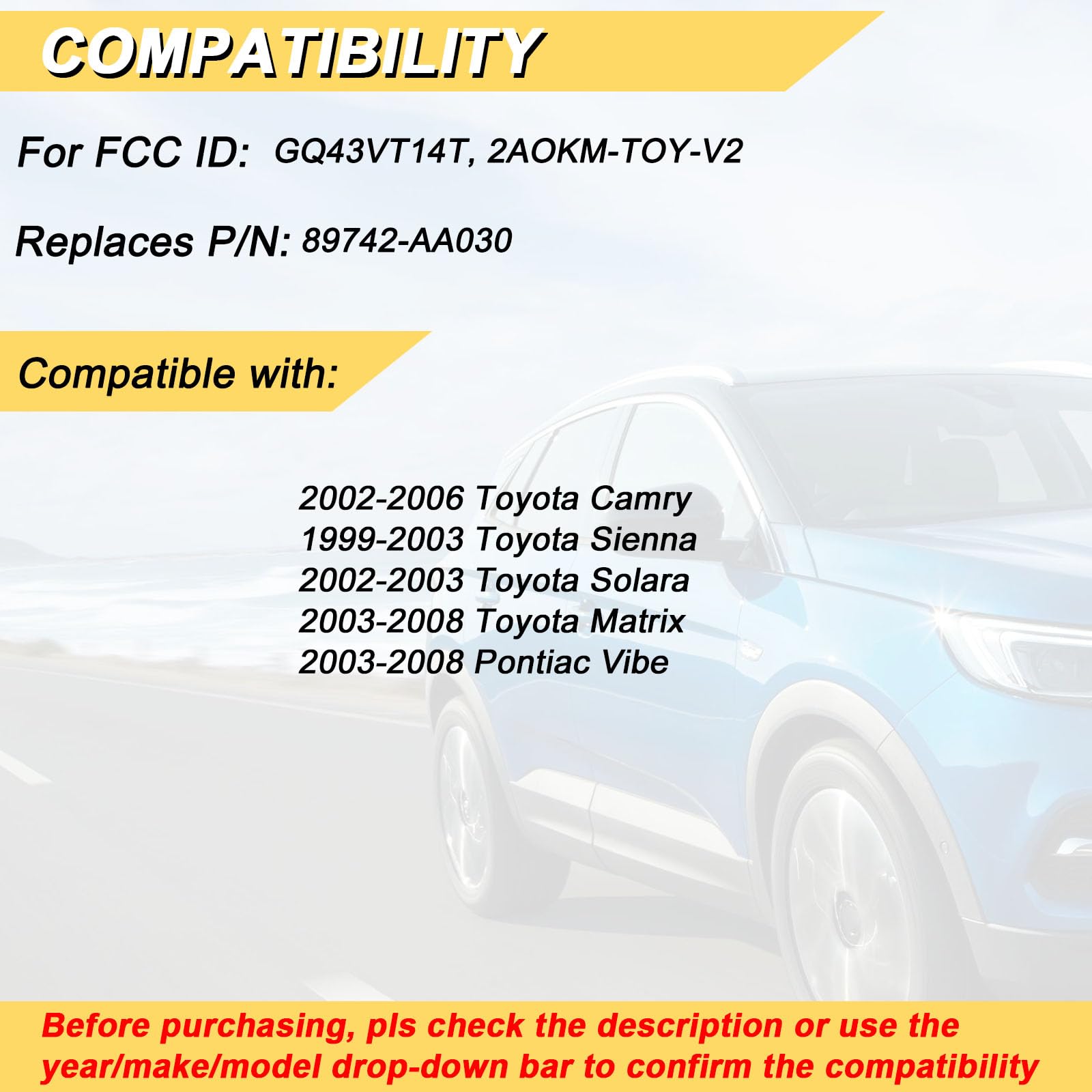 Vurkcy Key Fob Replacement For 2002-2006 Toyota Camry/ 03-08 Matrix/ 99-03 Sienna/ 02-03 Solara/ 03-08 Pontiac Vibe Car Keyless
