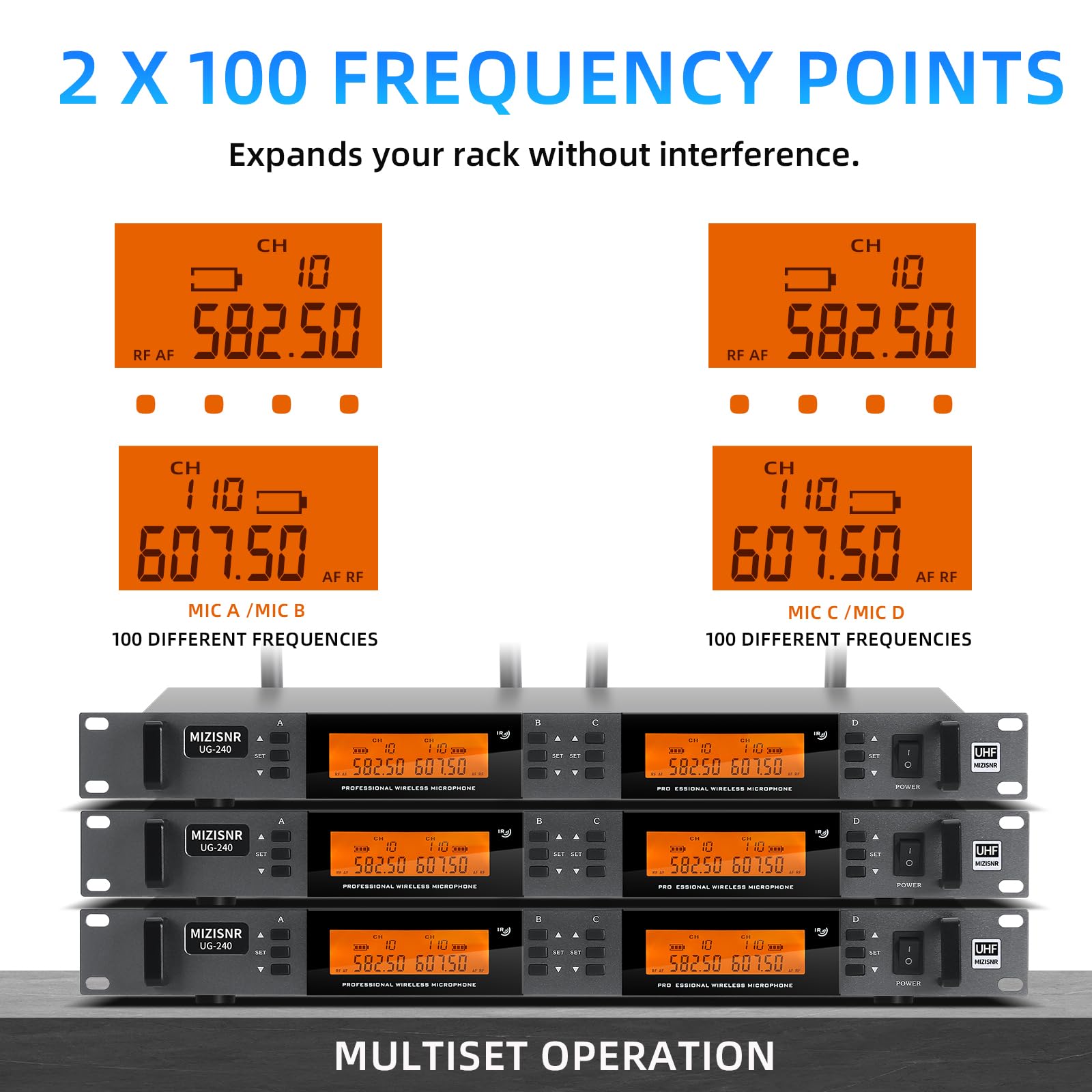 MIZISNR Wireless Lapel Microphone System, UHF Metal Receiver, 4x100 Adjustable Frequency, 300ft Range, Model UG-240, Black