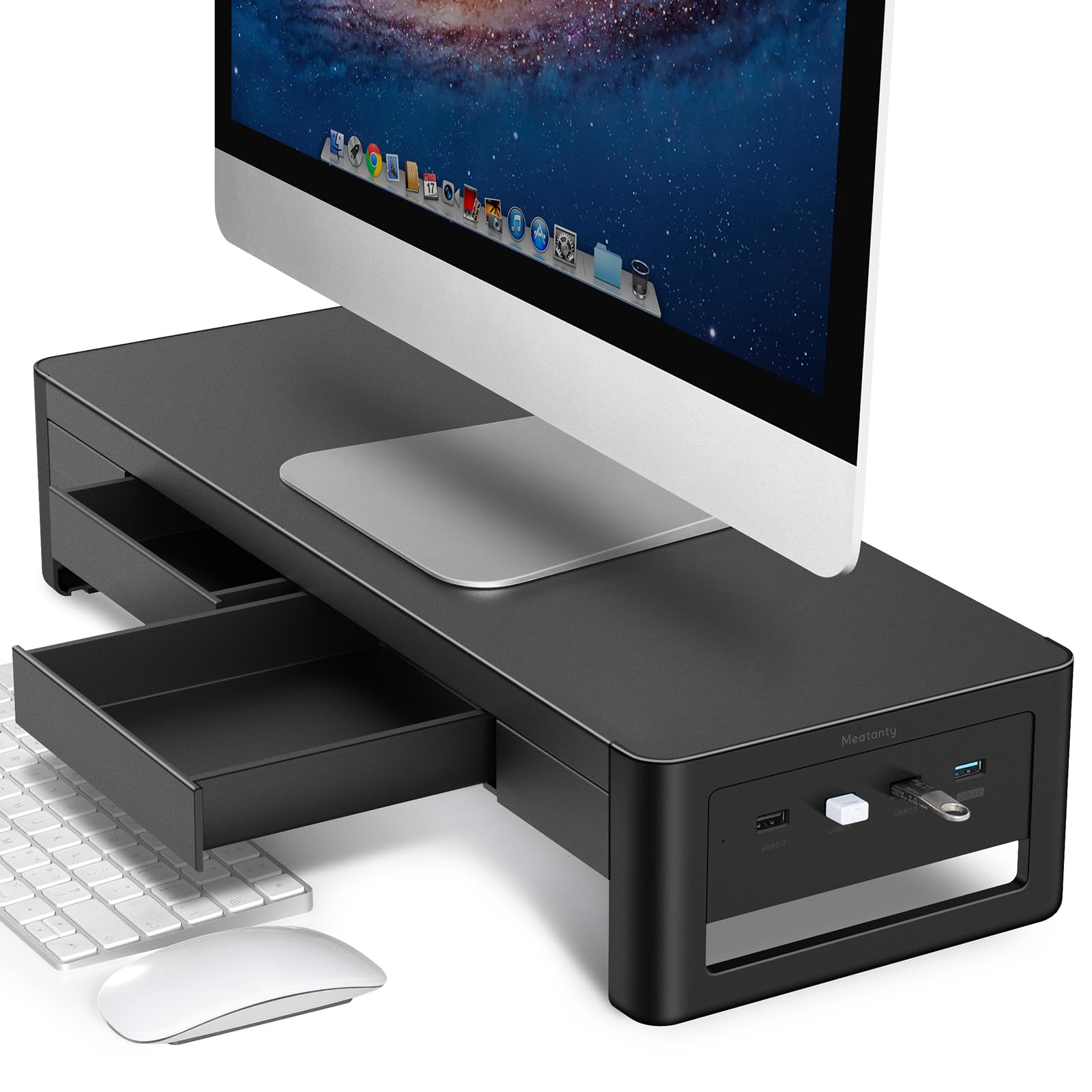 Meatanty 2 In 1 Monitor Stand Riser With 2 Storage Drawers And 4 Usb Ports, Metal Computer Monitor Stand Supports Transfer Data