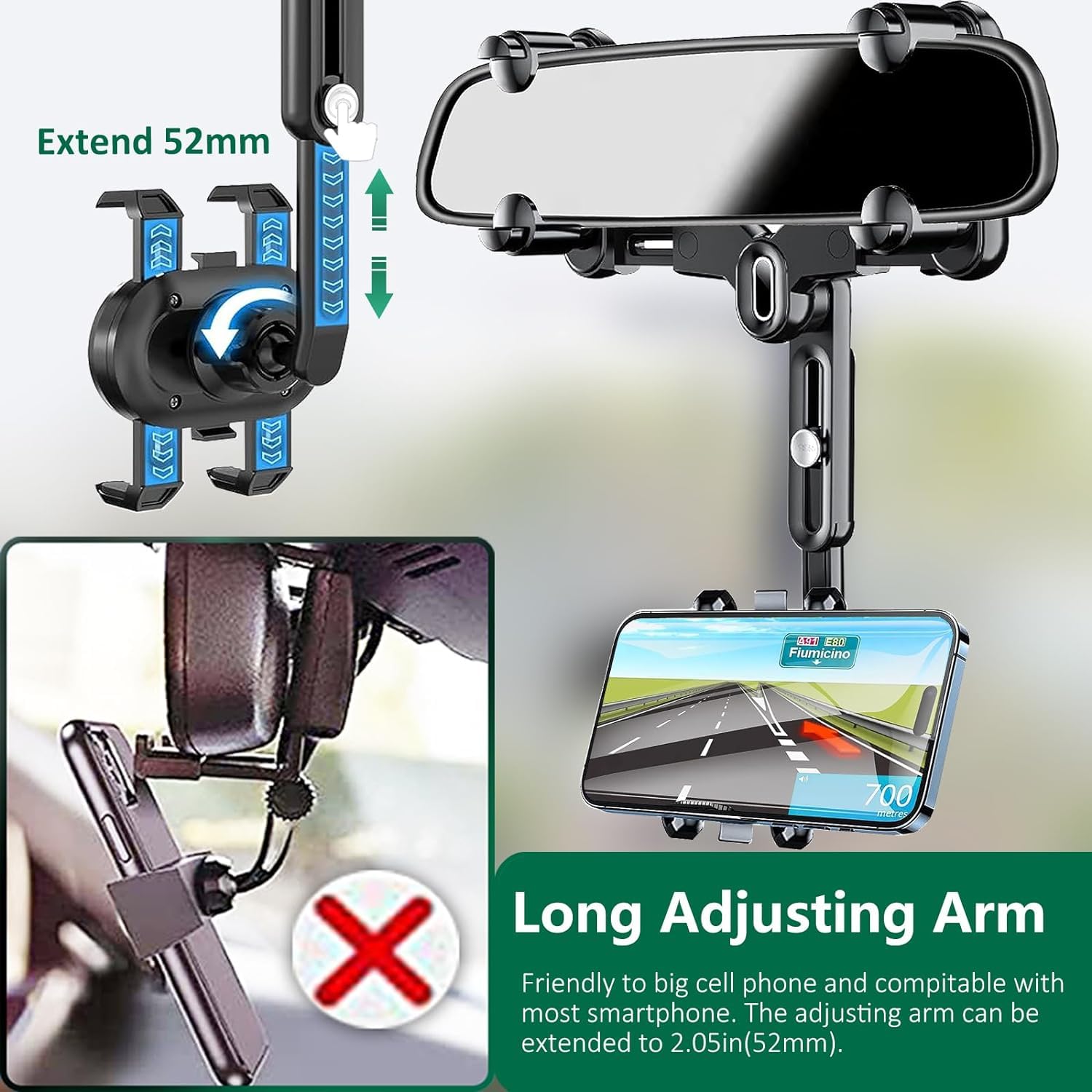 Ilkcc Rearview Mirror Phone Holder For Car, 360 Rotating And Retractable Multifunctional Rear View Phone Mount, Upgraded Four Co