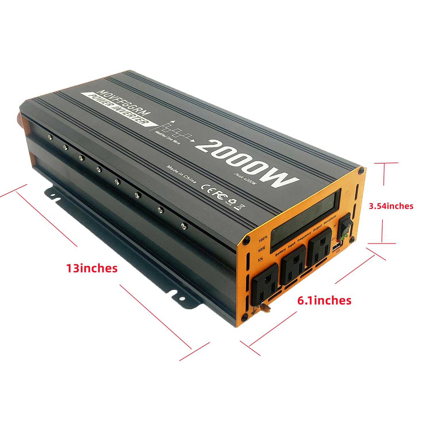 2000 Watt Power Inverter Converter, Car/Truck/Rv 12V Dc To 110V Ac Converter, With Led Display, 3Ac Outlets, Usb Port