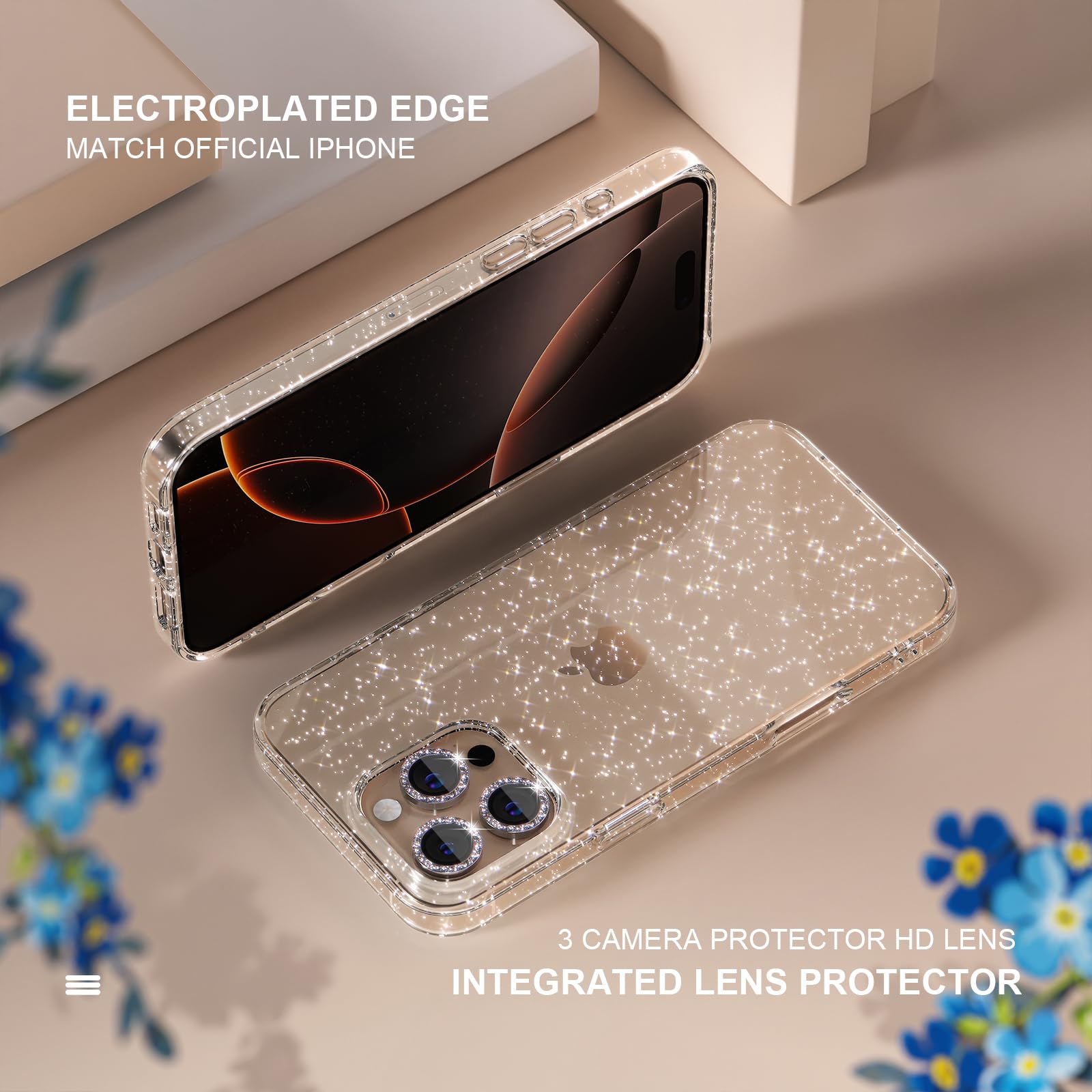 Choiche Compatible For Iphone 16 Pro Max Case, Women Cute Clear Glitter Bling Sparkly Case, [3 X Diamond Camera Lens Protectors]
