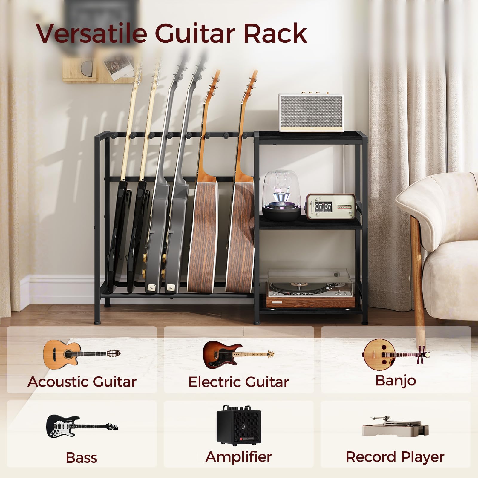 Mahancris Guitar Stand, Guitar Holder For 5-6 String Instruments, Suitable For Acoustic Guitar, Bass, Guitar Rack With Side Shel