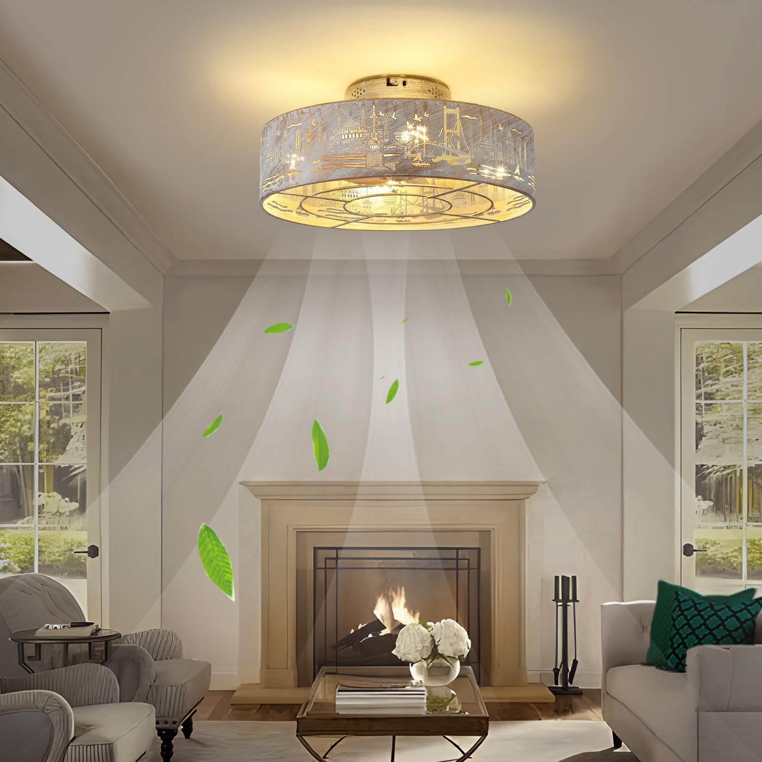 Alaruder Caged Ceiling Fans With Lights Flush Mount,Low Profile Ceiling Fan With Remote,20 Inch Caged White Fan For Bedroom,6 Sp