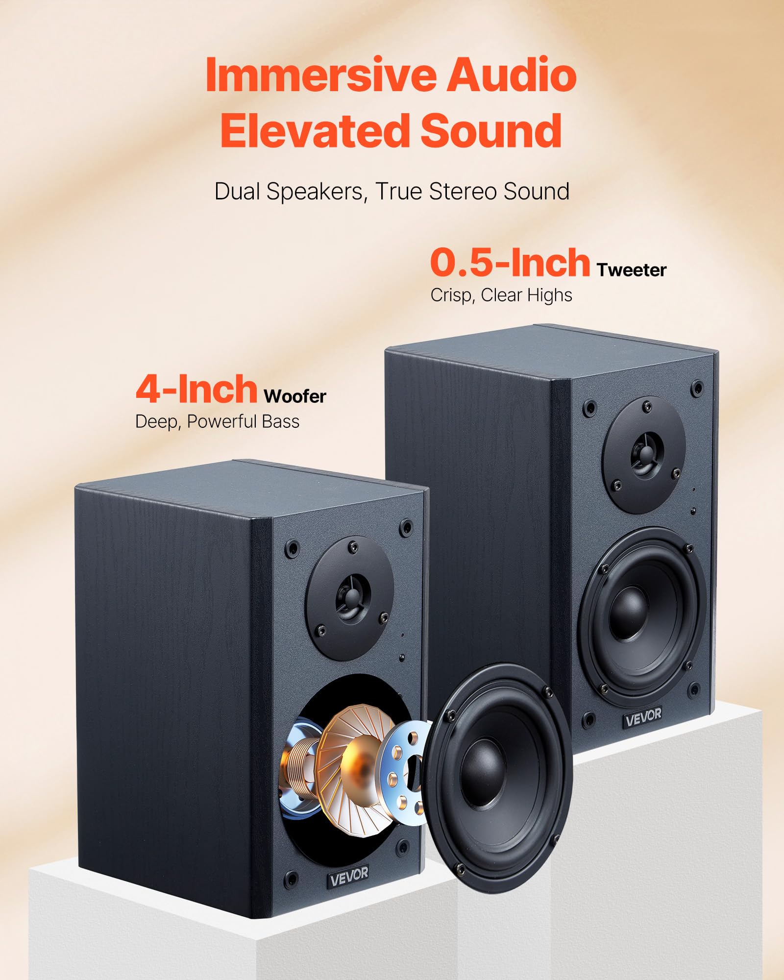 Vevor Powered Bookshelf Speakers, 20W X 2, Active Studio Monitor Speaker With 4 Inch Woofer, Adjustable Volume And Audio With Bl