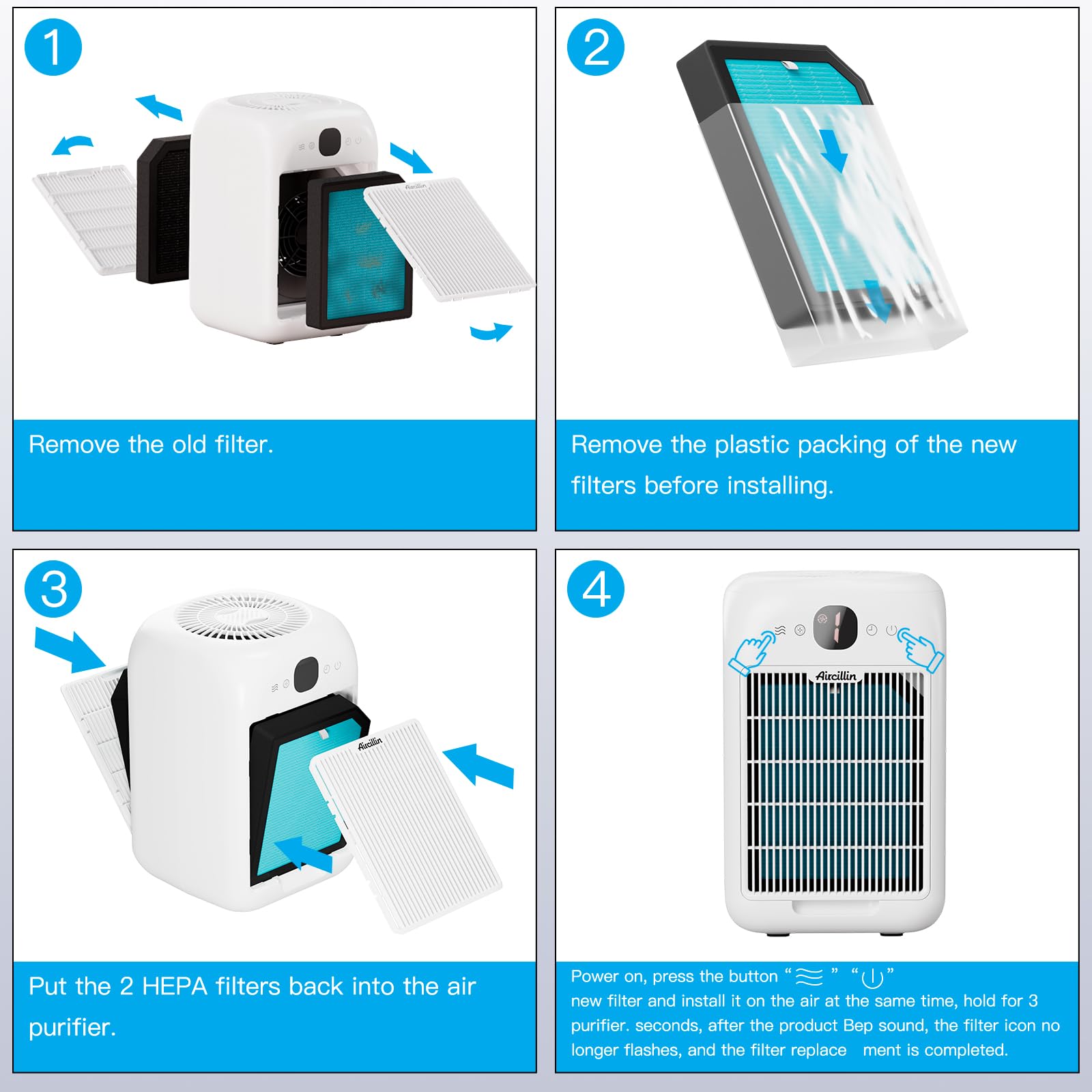 Aircillin Air Purifier Ap1501 Replacement Filters 4 Pack, H13 True Hepa Filter, Activated Carbon Filter(Ap1501)