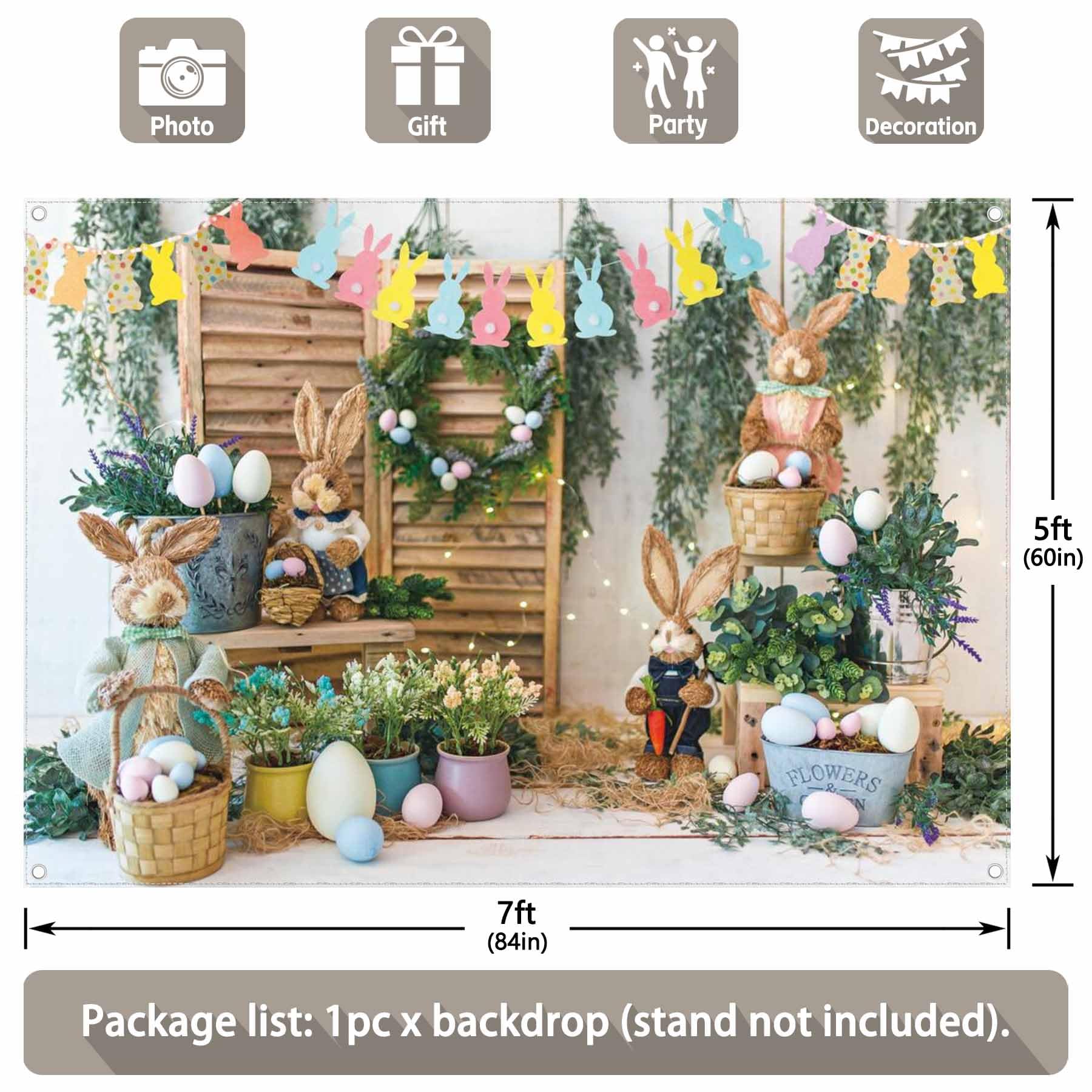 Swepuck 7X5Ft Spring Easter Photography Backdrop Garden Bunny Colorful Eggs Flower Stand Background Rabbit Flag Baby Kids Portra