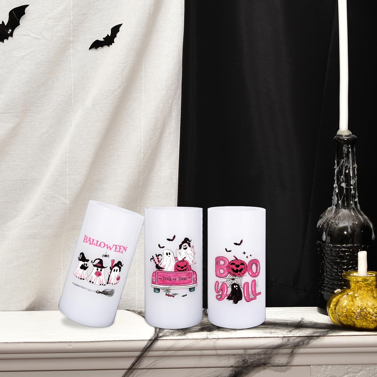 Whaline Halloween Led Flameless Candles Pink Ghost Pumpkin Warm Light Battery Operated Pillar Candles Electric Flickering Candle