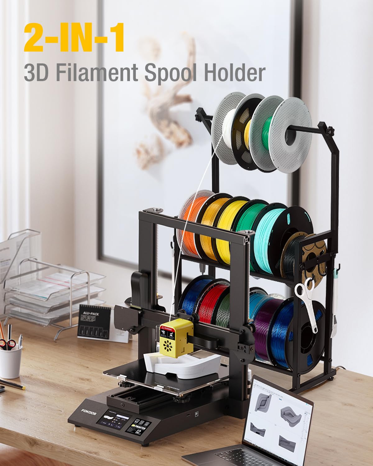 Enigmasoul 3D Printer Filament Storage Rack - 3 Tier Desktop Metal Shelf With Removable Spool Hanger Rods, Pla/Abs/Petg/Tpu/Nylo