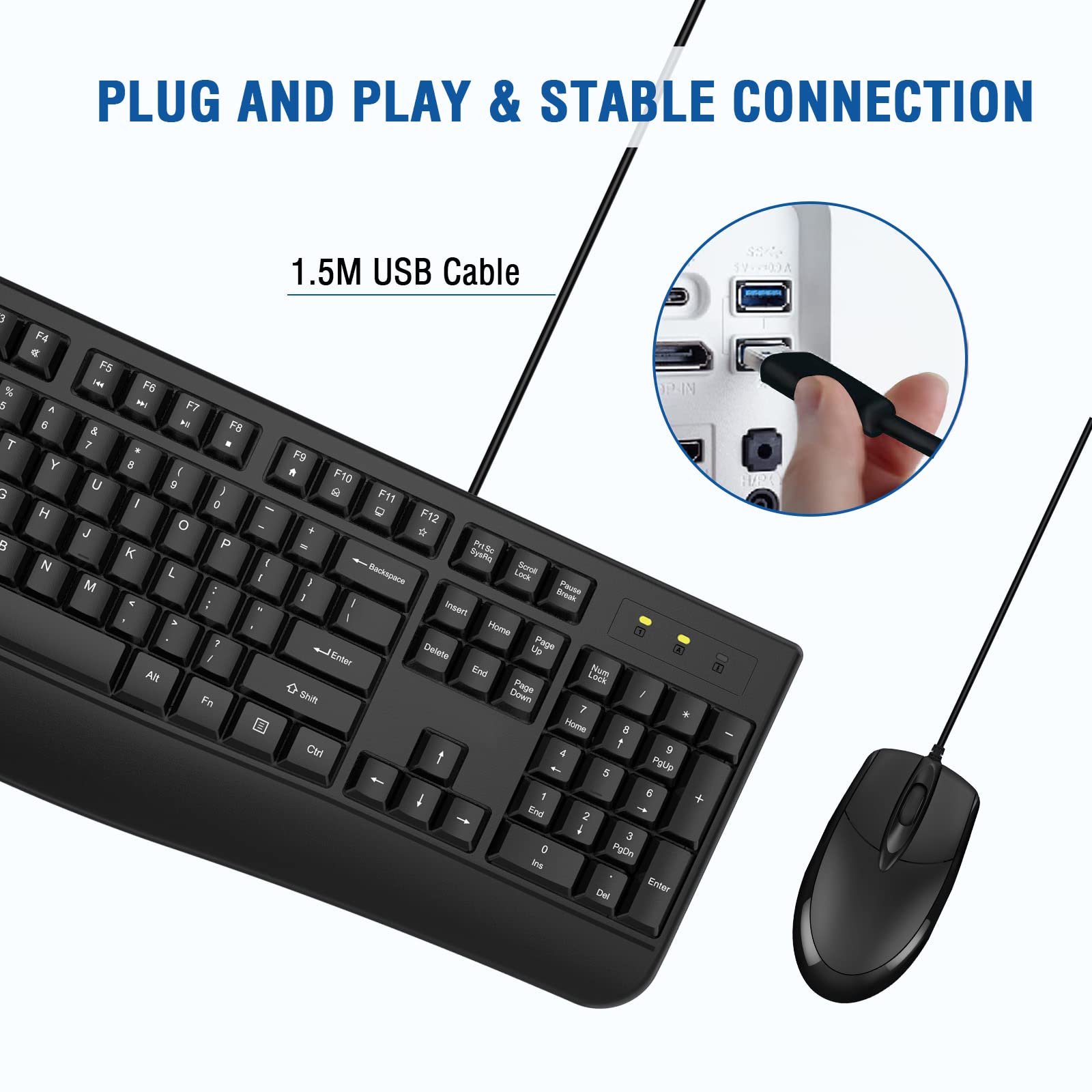 Wired Keyboard And Mouse Combo, Edjo Full Sized Ergonomic Computer Keyboard With Palm Rest And Optical Wired Mouse For Windows,