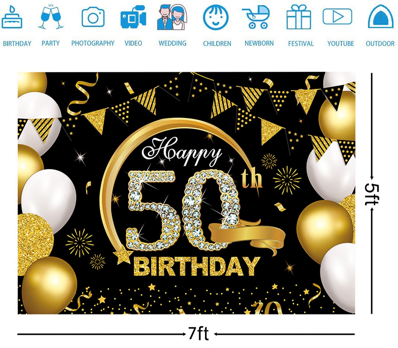 7X5Ft Happy 50Th Birthday Banner Backdrop Black And Gold 50Th Birthday Decorations For Men Women 50 Birthday Sign Party Supplies
