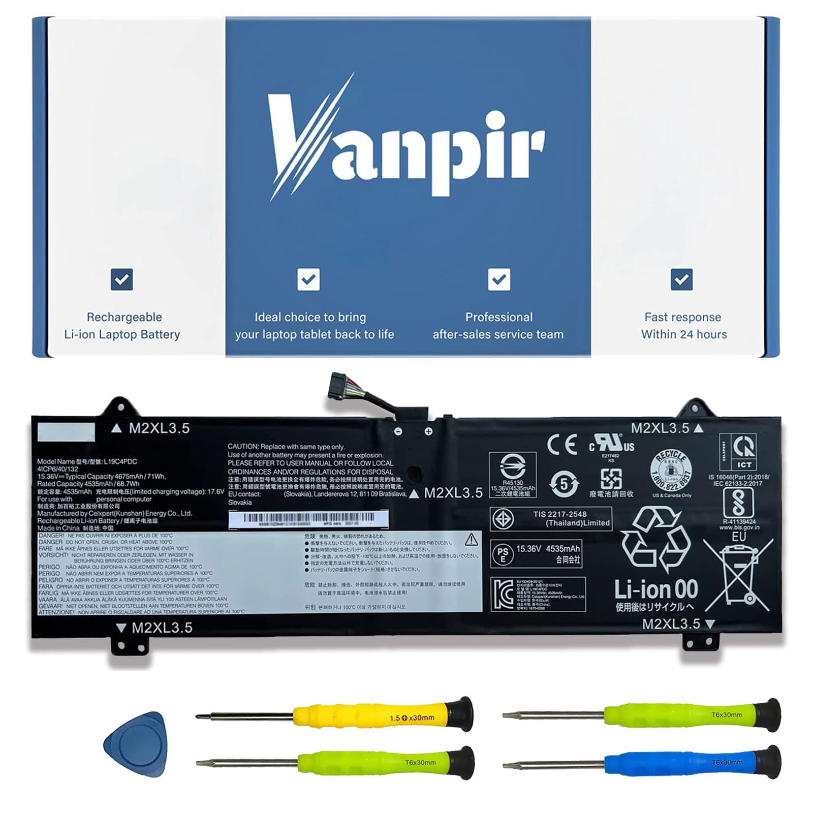 Vanpir L19C4Pdc Laptop Battery 15.36V 71Wh 4675Mah Replacement For Lenovo Ideapad Yoga 7 14Itl5 7 15Itl5 Series Notebook 5B10Z26