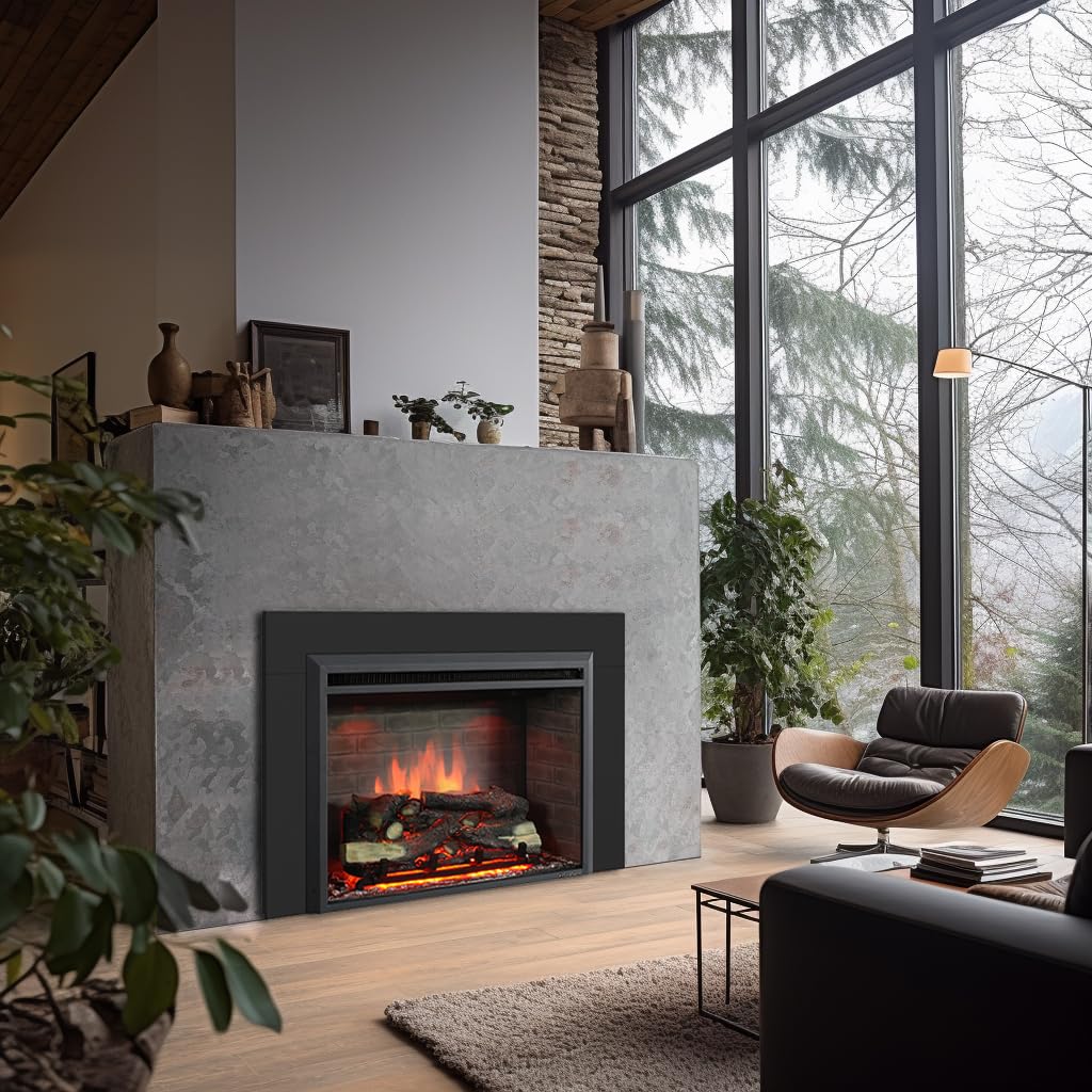 Puraflame Western 33'' Electric Fireplace Insert With Trim Kit, Fire Crackling Sound, Resin Log, Remote Control, 750/1500W Heate