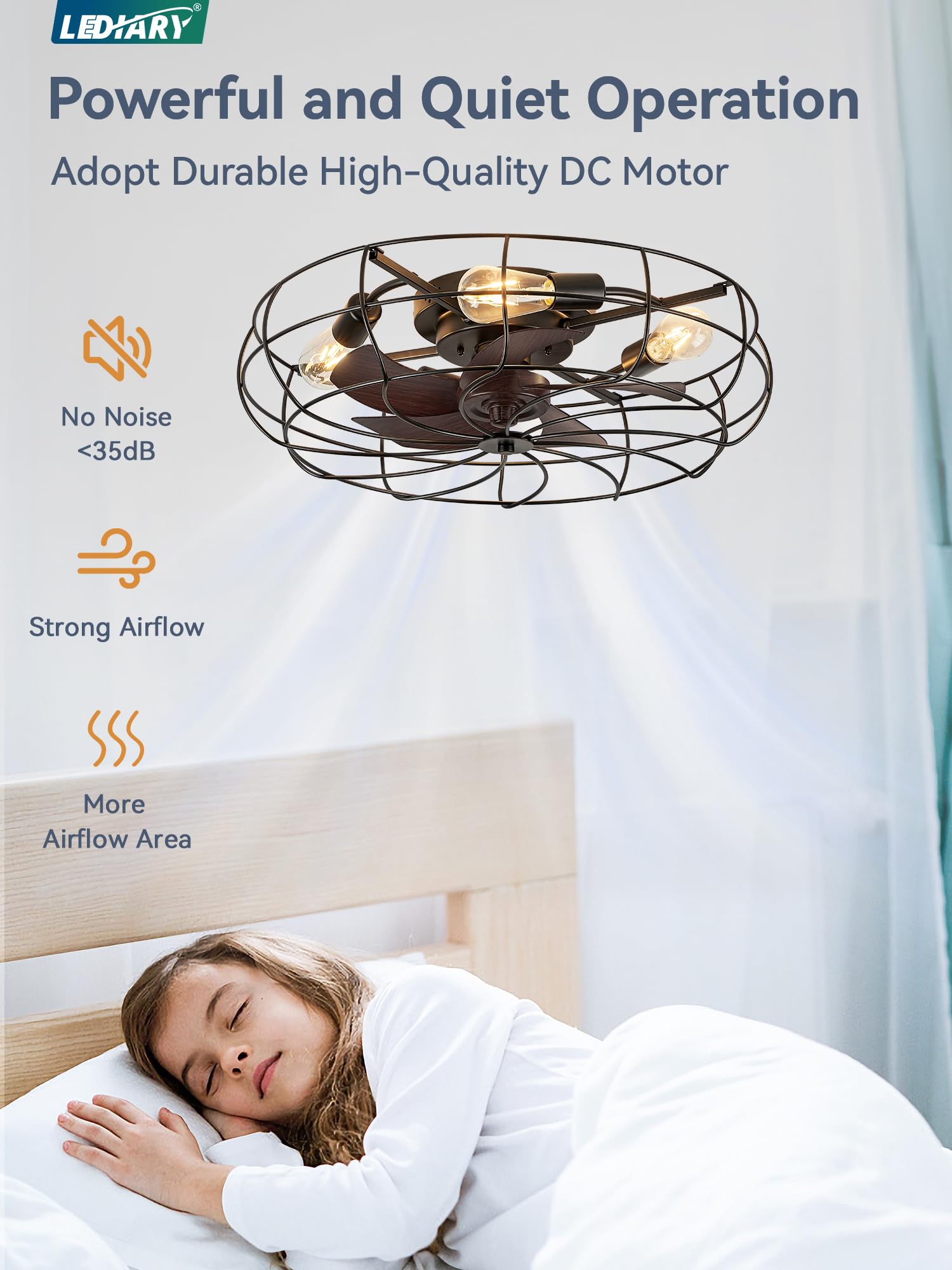 Lediary 23 Inch Caged Ceiling Fan With Light, Flush Mount Low Profile Ceiling Fan With Remote Control, Farmhouse Industrial Blad