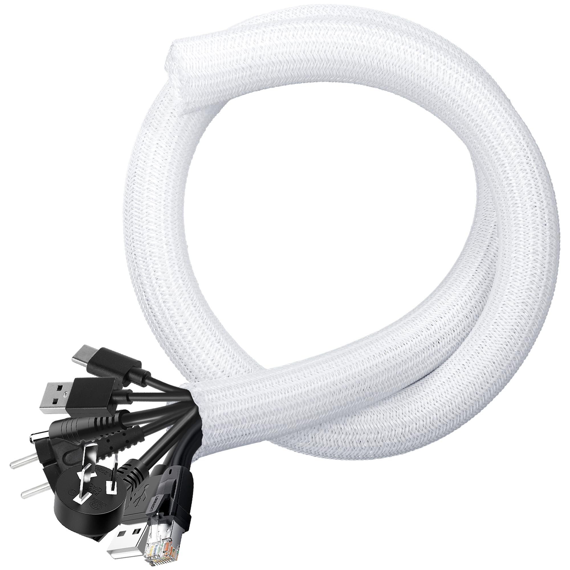 Cable Management Sleeves 1.5In   2 Pack 4.1Ft Split Braided Cable Sleeve White, Wire Organizers For Cords, Hard Pe Cord Protecto