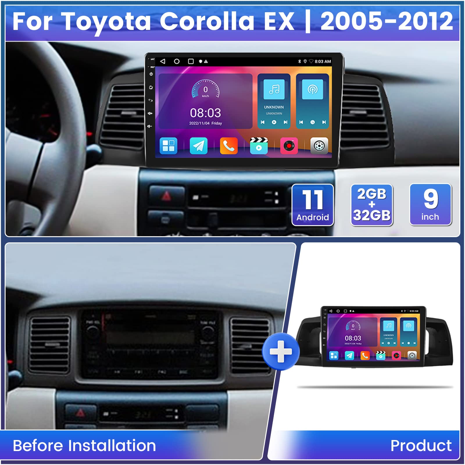 Roinvou 2+32G Android Carplay Stereo For 2005 2012 Toyota Corolla Ex, 9'' Touch Screen In Dash Gps Navigation With Built In Wire