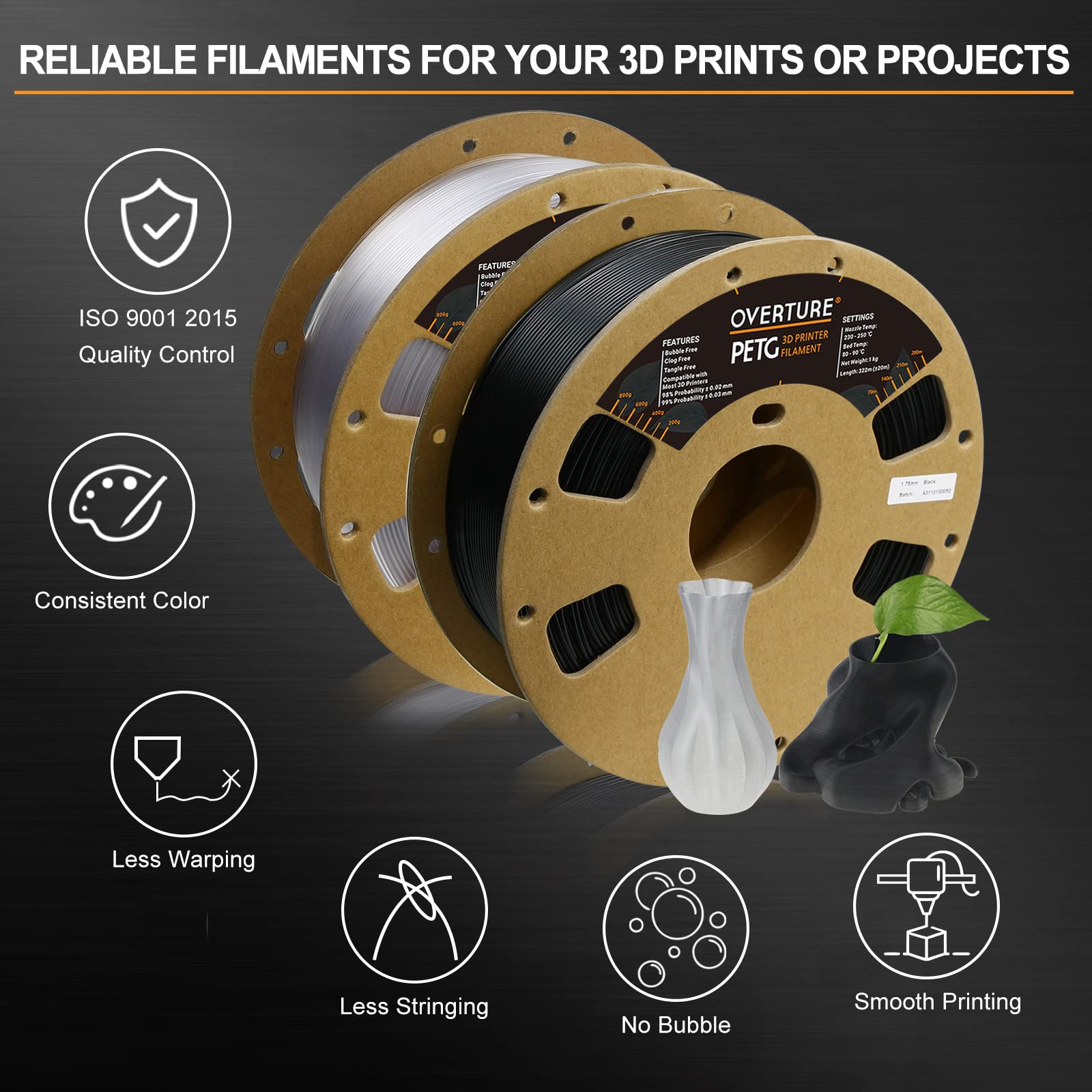 Overture Petg Filament 1.75Mm, 3D Printer Consumables, 2Kg Spool (4.4Lbs), Dimensional Accuracy +/  0.03 Mm, Fit Most Fdm Printe